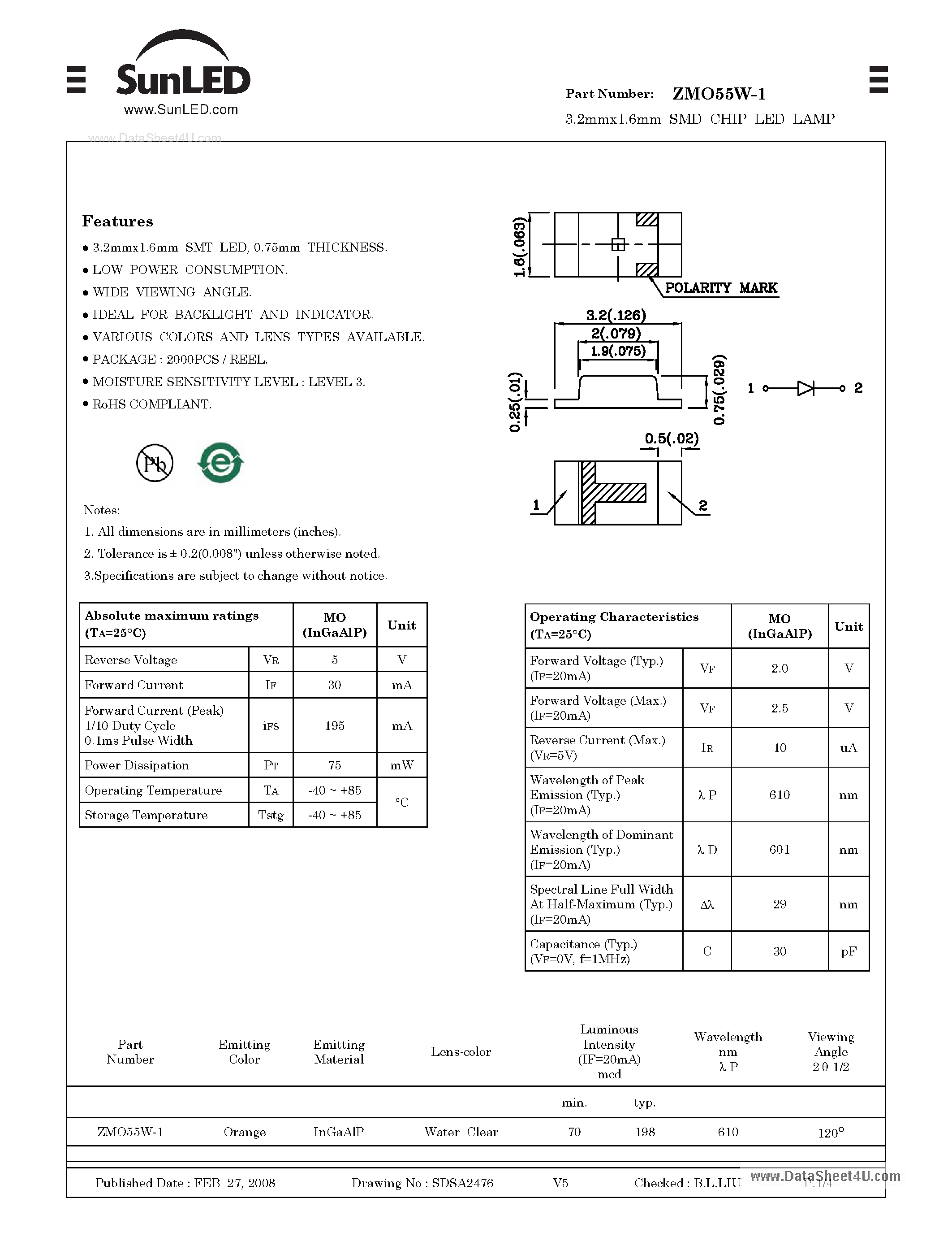 Datasheet ZMO55W-1 page 1 Datasheet ZMO55W-1 - SURFACE MOUNT LED LAMP page 1