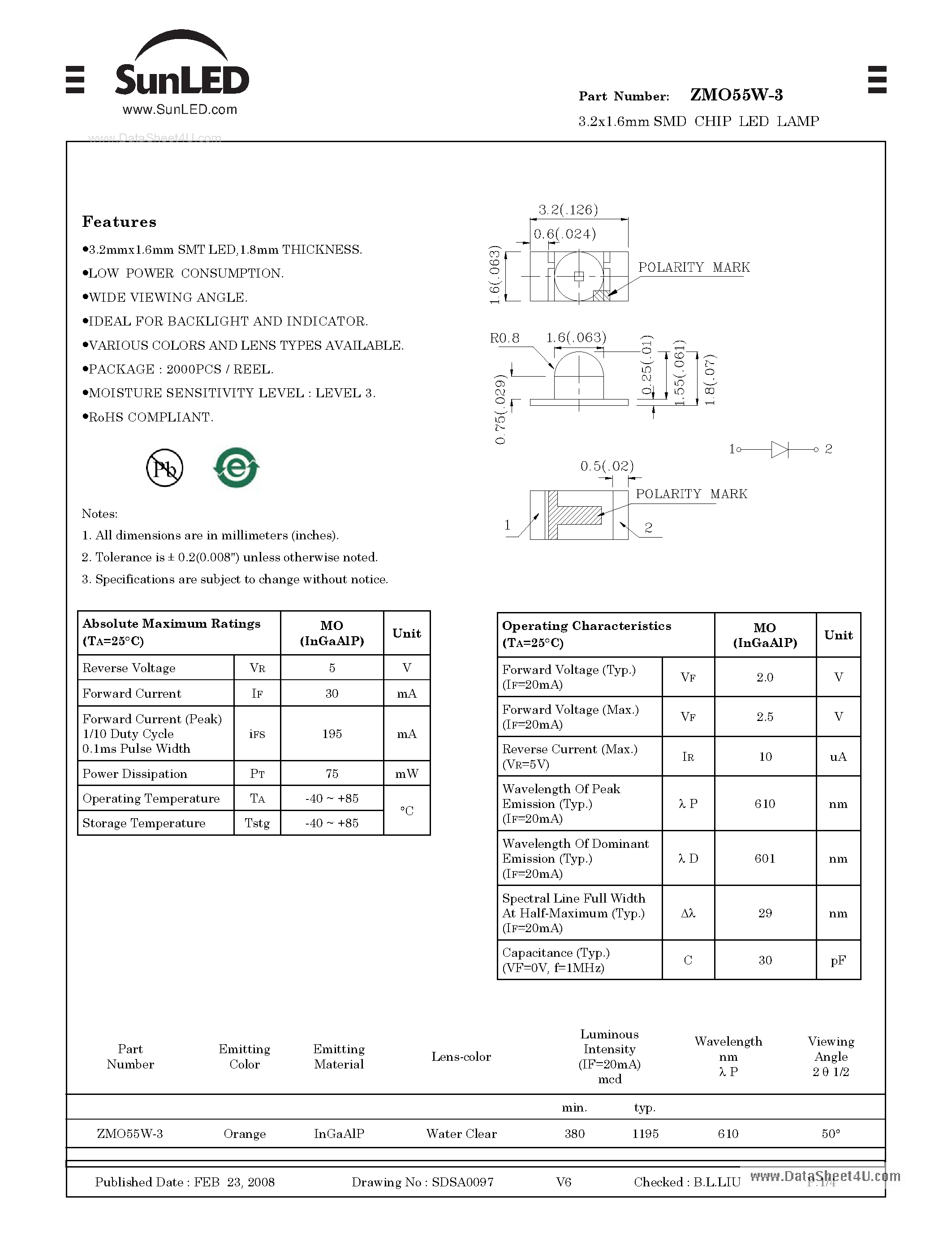 Datasheet ZMO55W-3 - SURFACE MOUNT LED LAMP page 1