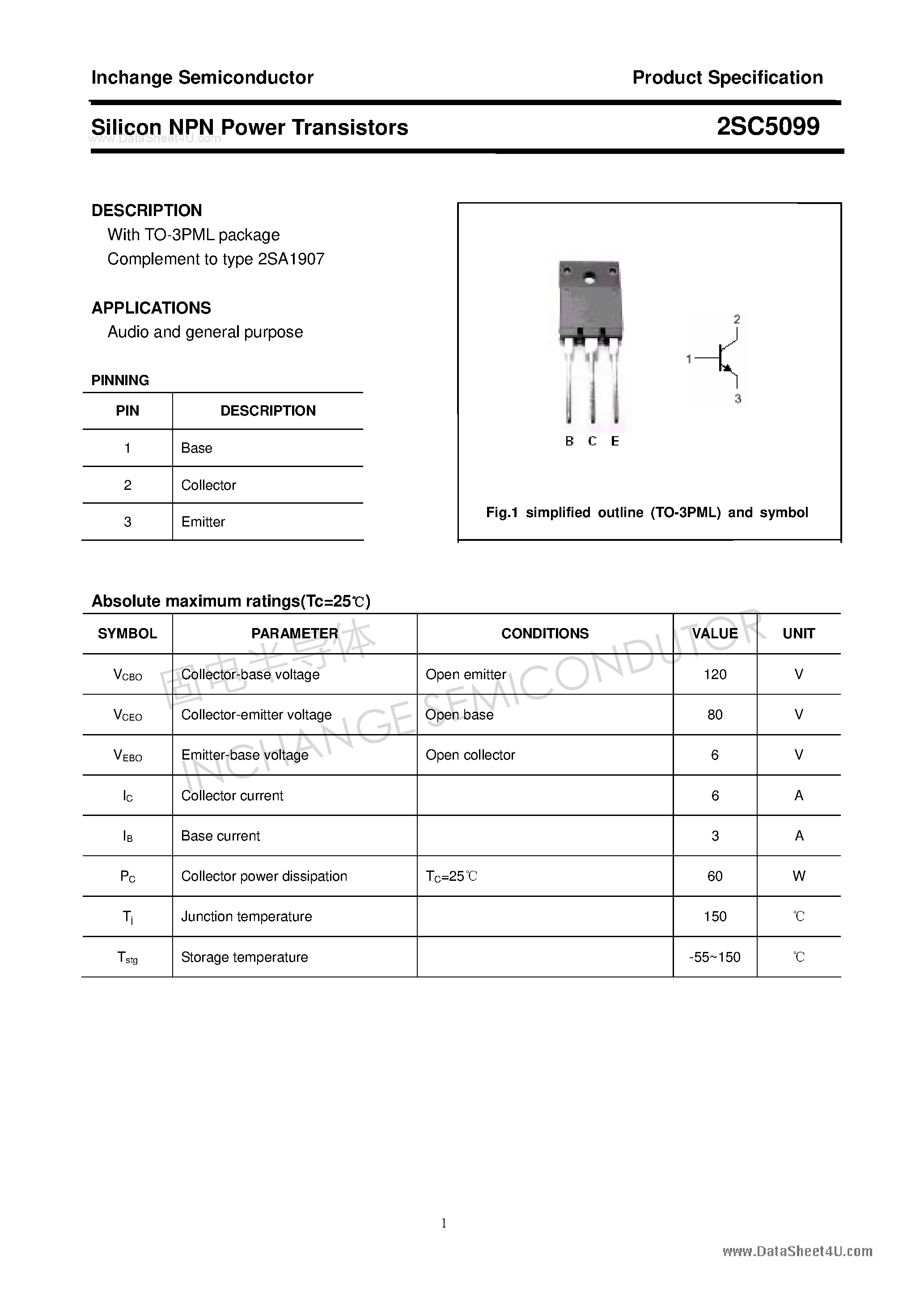 Даташит 2SC5099 - Silicon NPN Power Transistors страница 1