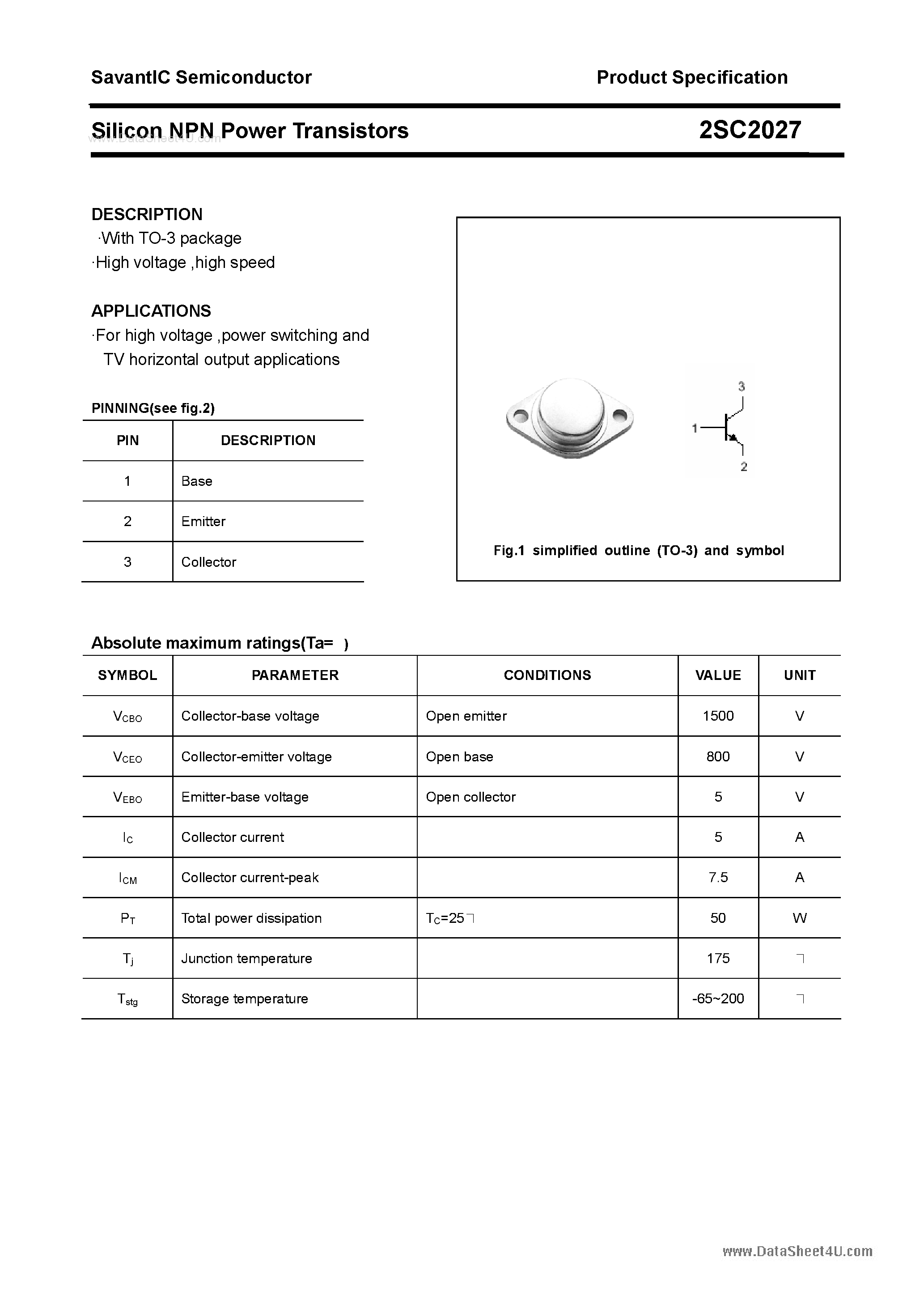 Datasheet 2SC2027 page 1 Datasheet 2SC2027 - SILICON POWER TRANSISTOR page 1