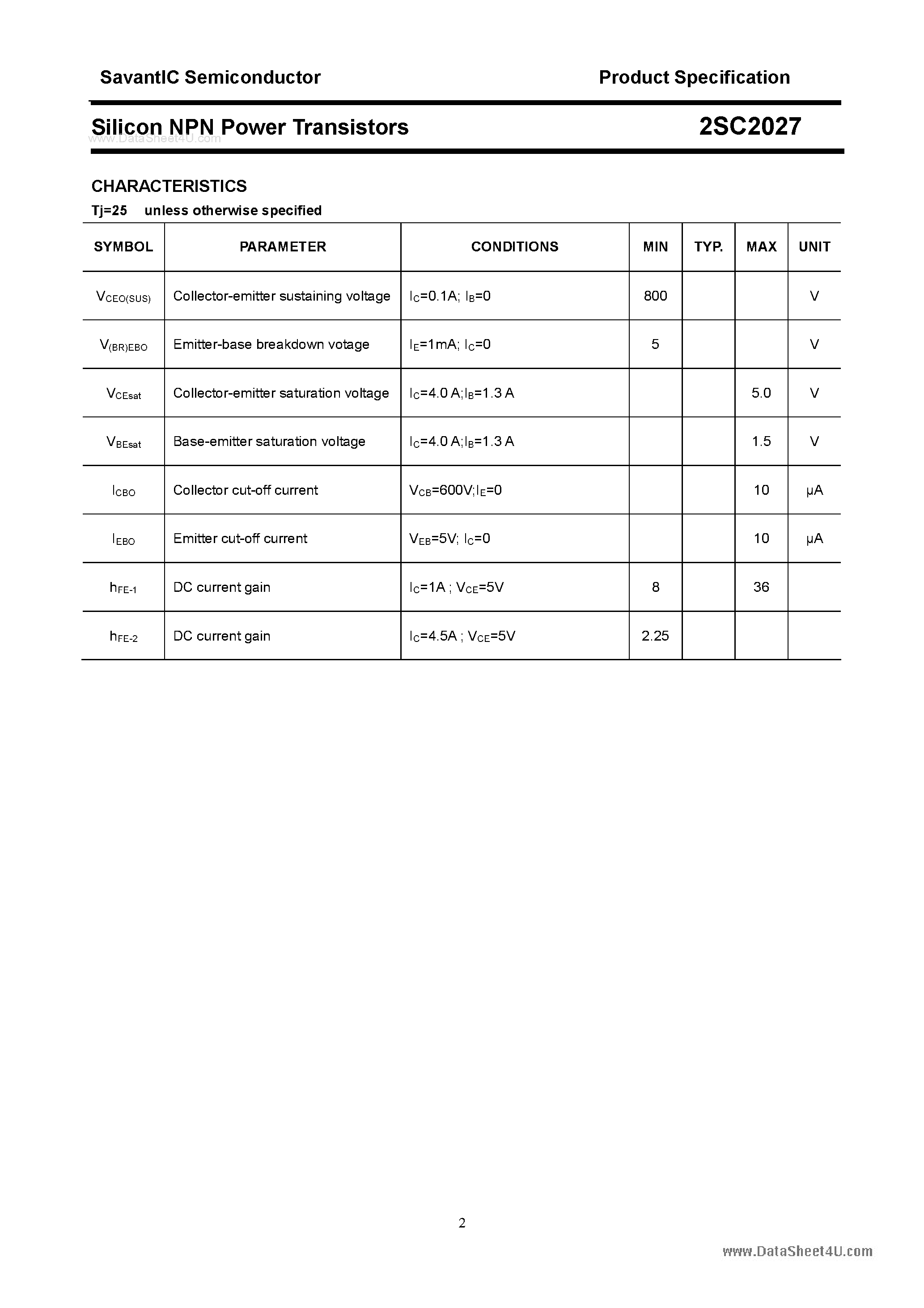 Datasheet 2SC2027 page 2 Datasheet 2SC2027 - SILICON POWER TRANSISTOR page 2