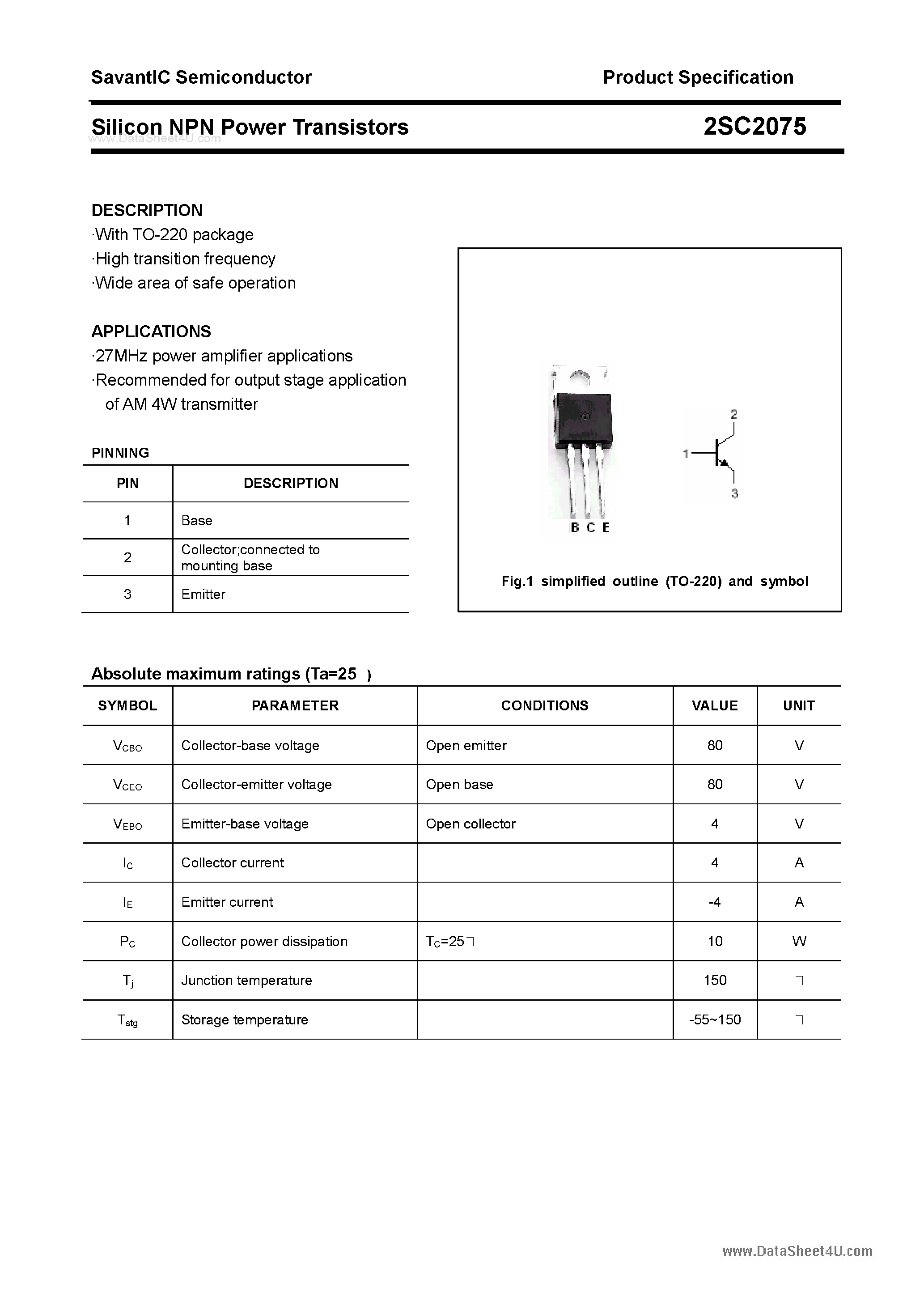 Datasheet 2SC2075 page 1 Datasheet 2SC2075 - SILICON POWER TRANSISTOR page 1