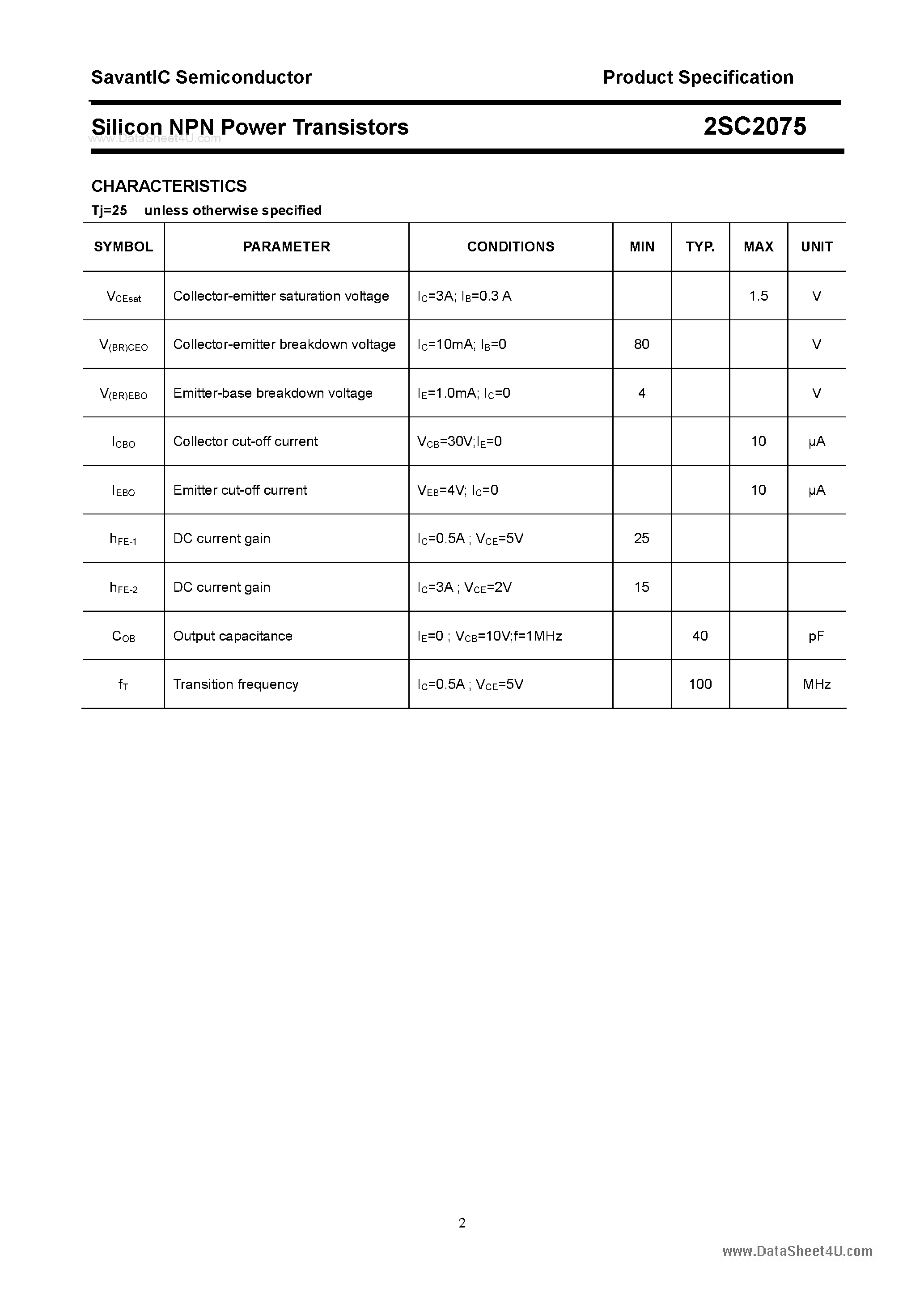 Datasheet 2SC2075 page 2 Datasheet 2SC2075 - SILICON POWER TRANSISTOR page 2
