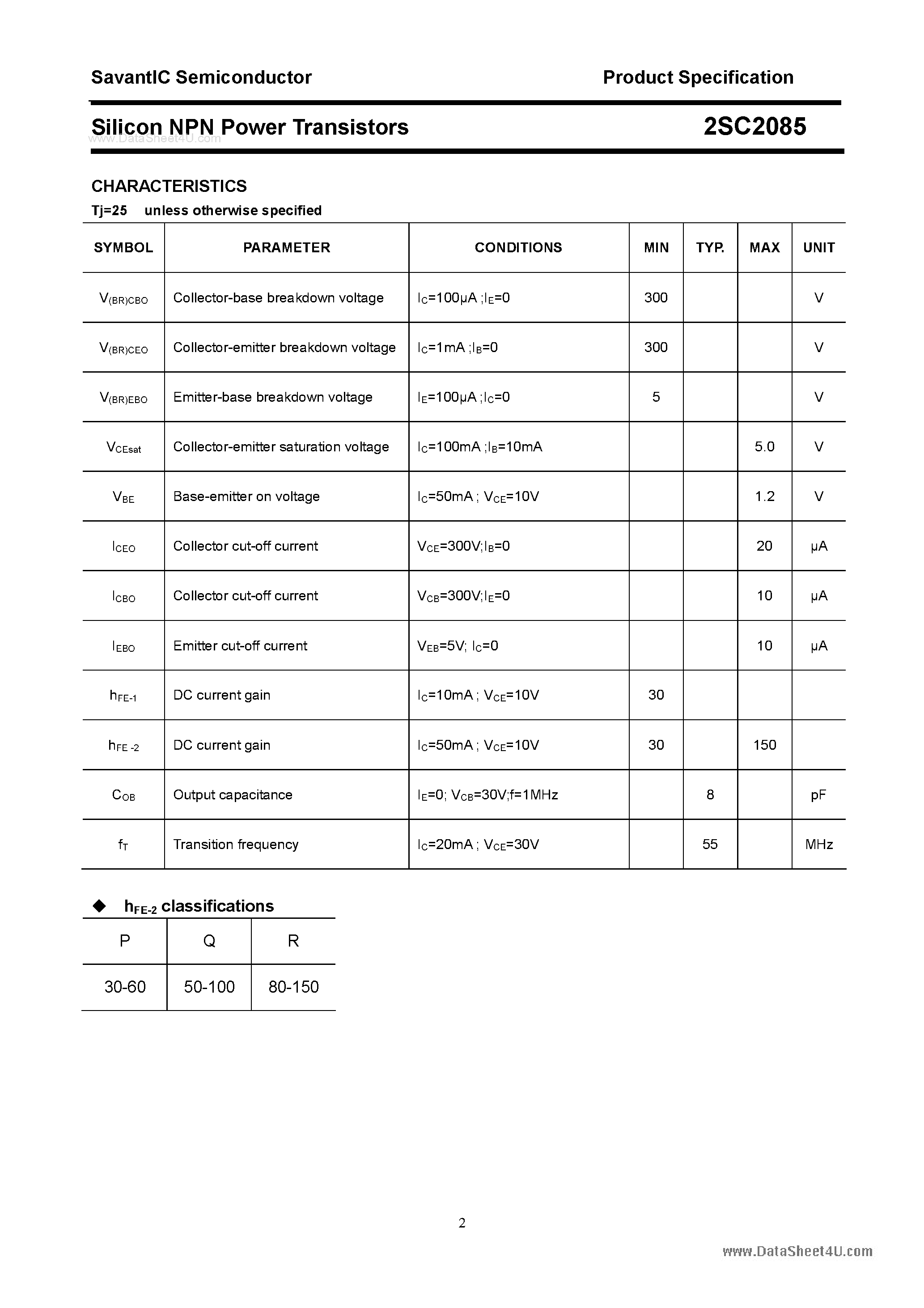 Datasheet 2SC2085 page 2 Datasheet 2SC2085 - SILICON POWER TRANSISTOR page 2