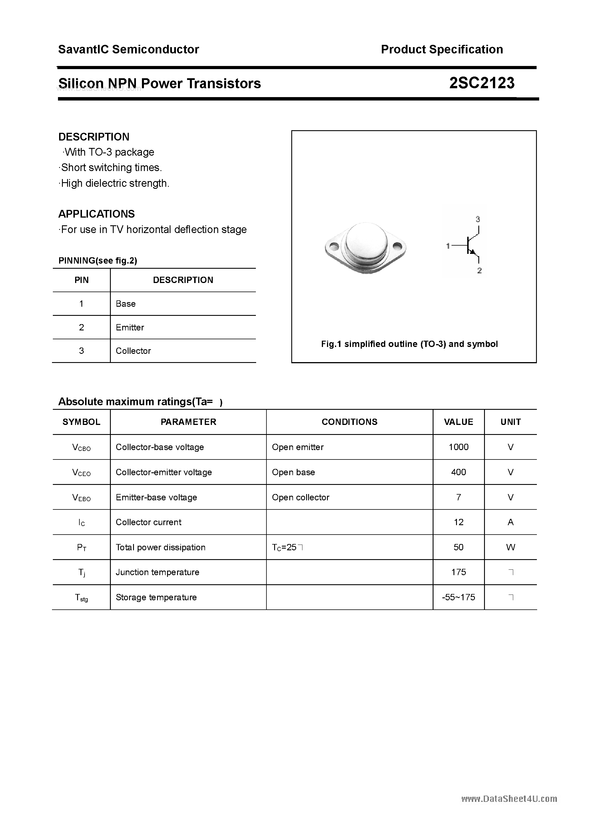 Datasheet 2SC2123 page 1 Datasheet 2SC2123 - SILICON POWER TRANSISTOR page 1