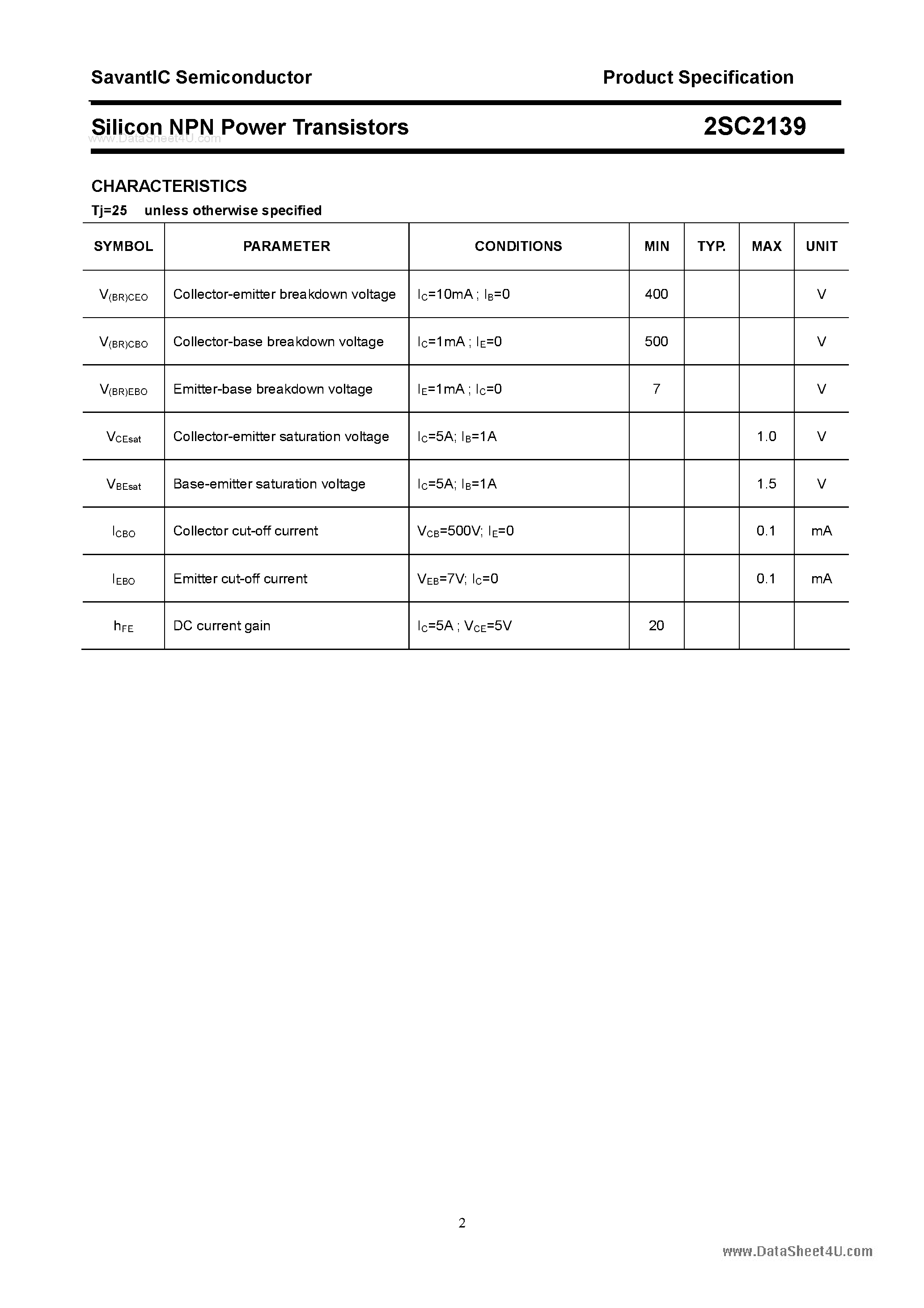 Datasheet 2SC2139 page 2 Datasheet 2SC2139 - SILICON POWER TRANSISTOR page 2