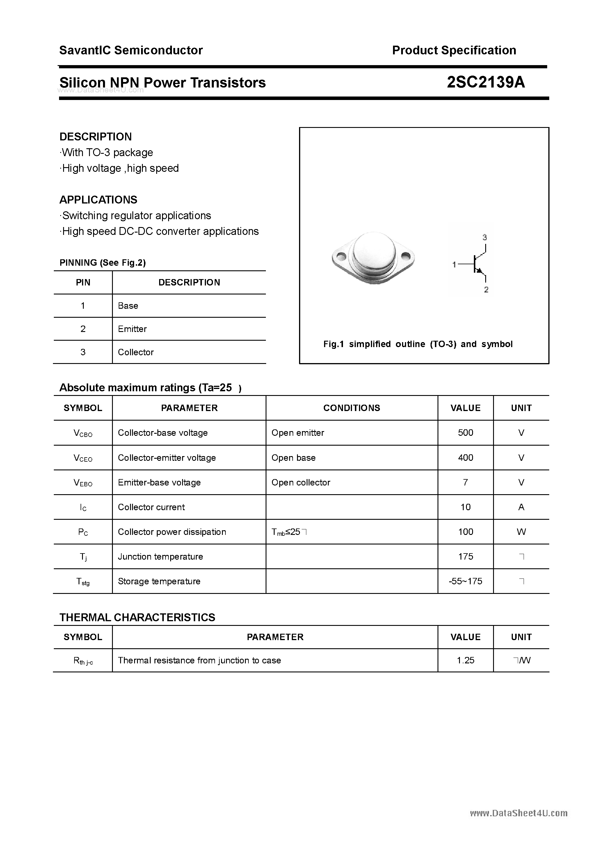 Datasheet 2SC2139A page 1 Datasheet 2SC2139A - SILICON POWER TRANSISTOR page 1