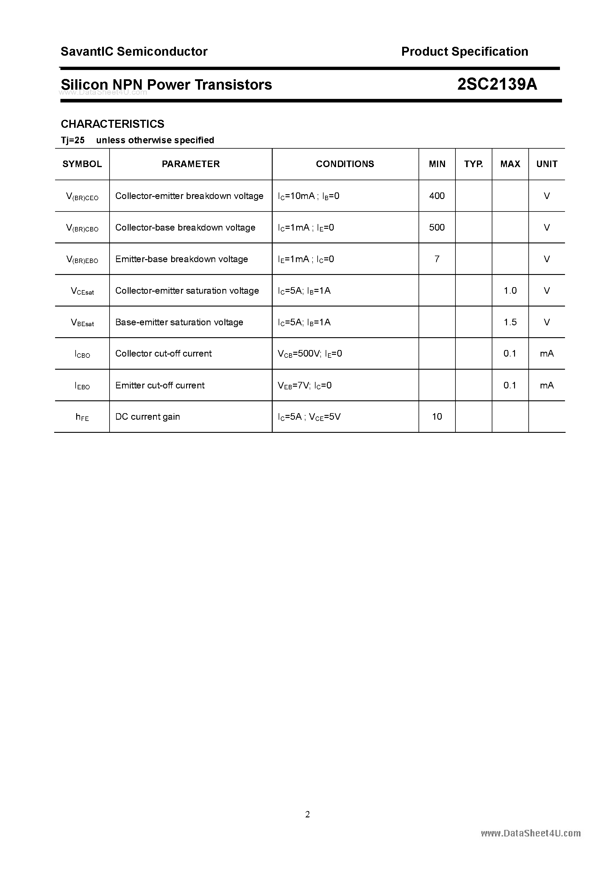 Datasheet 2SC2139A page 2 Datasheet 2SC2139A - SILICON POWER TRANSISTOR page 2