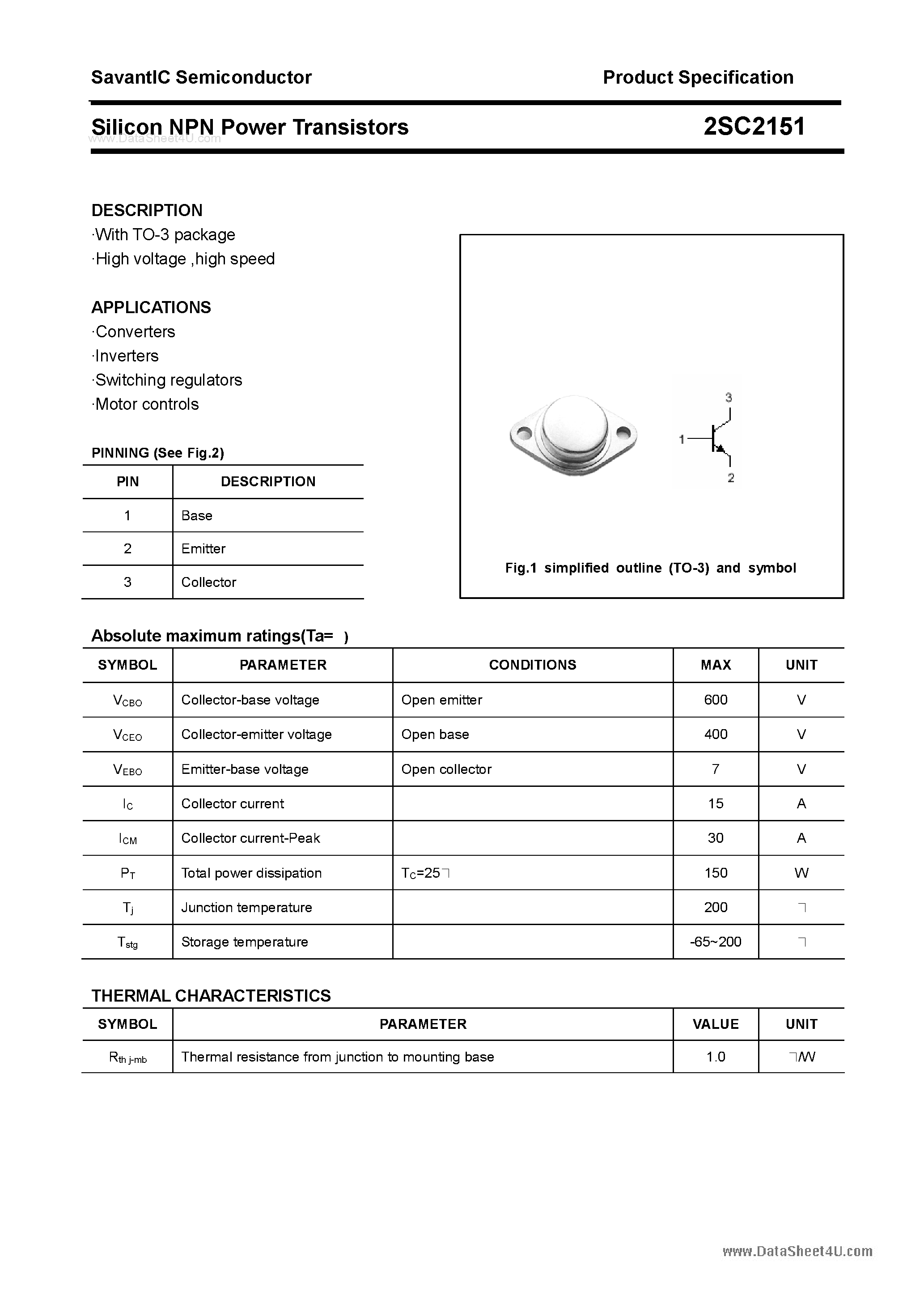 Datasheet 2SC2151 page 1 Datasheet 2SC2151 - SILICON POWER TRANSISTOR page 1
