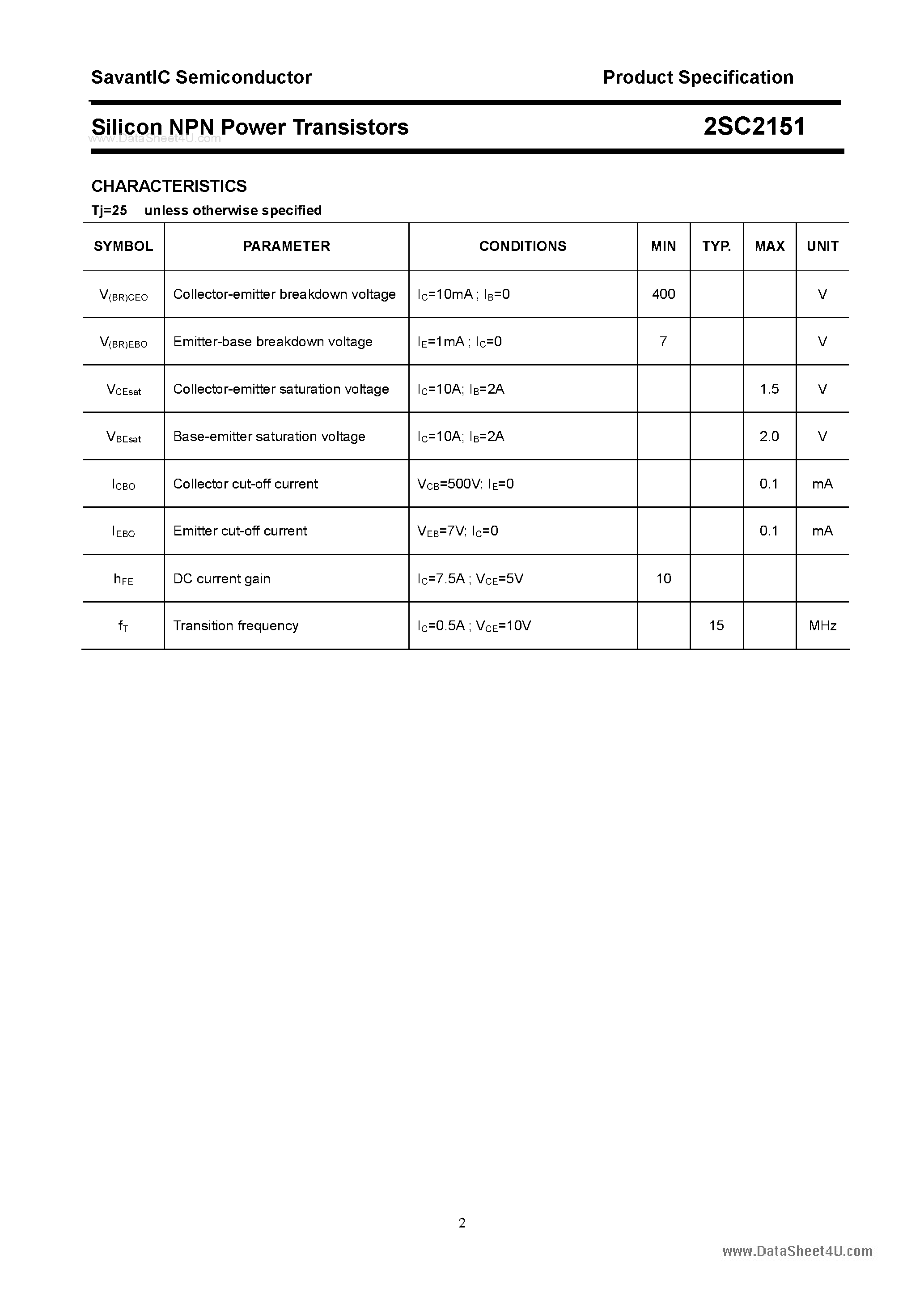 Datasheet 2SC2151 page 2 Datasheet 2SC2151 - SILICON POWER TRANSISTOR page 2
