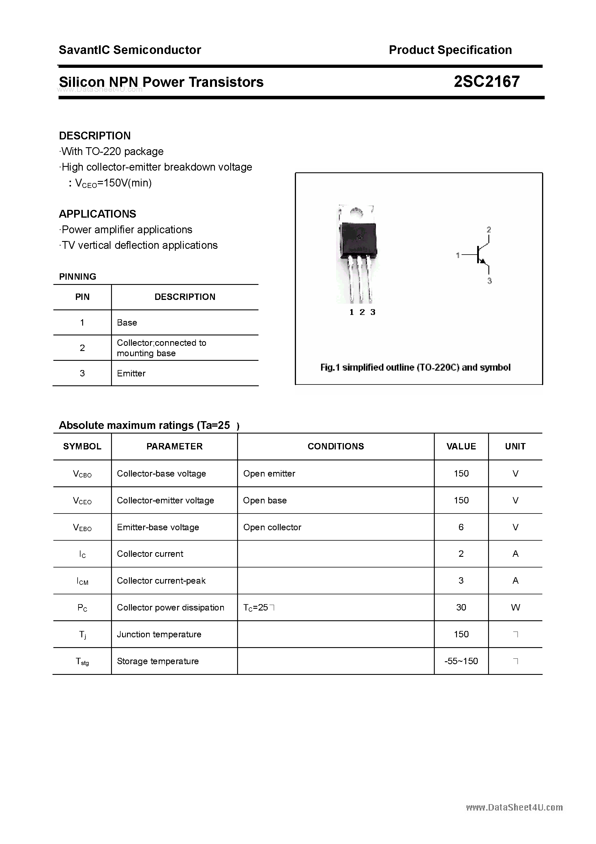 Datasheet 2SC2167 page 1 Datasheet 2SC2167 - SILICON POWER TRANSISTOR page 1