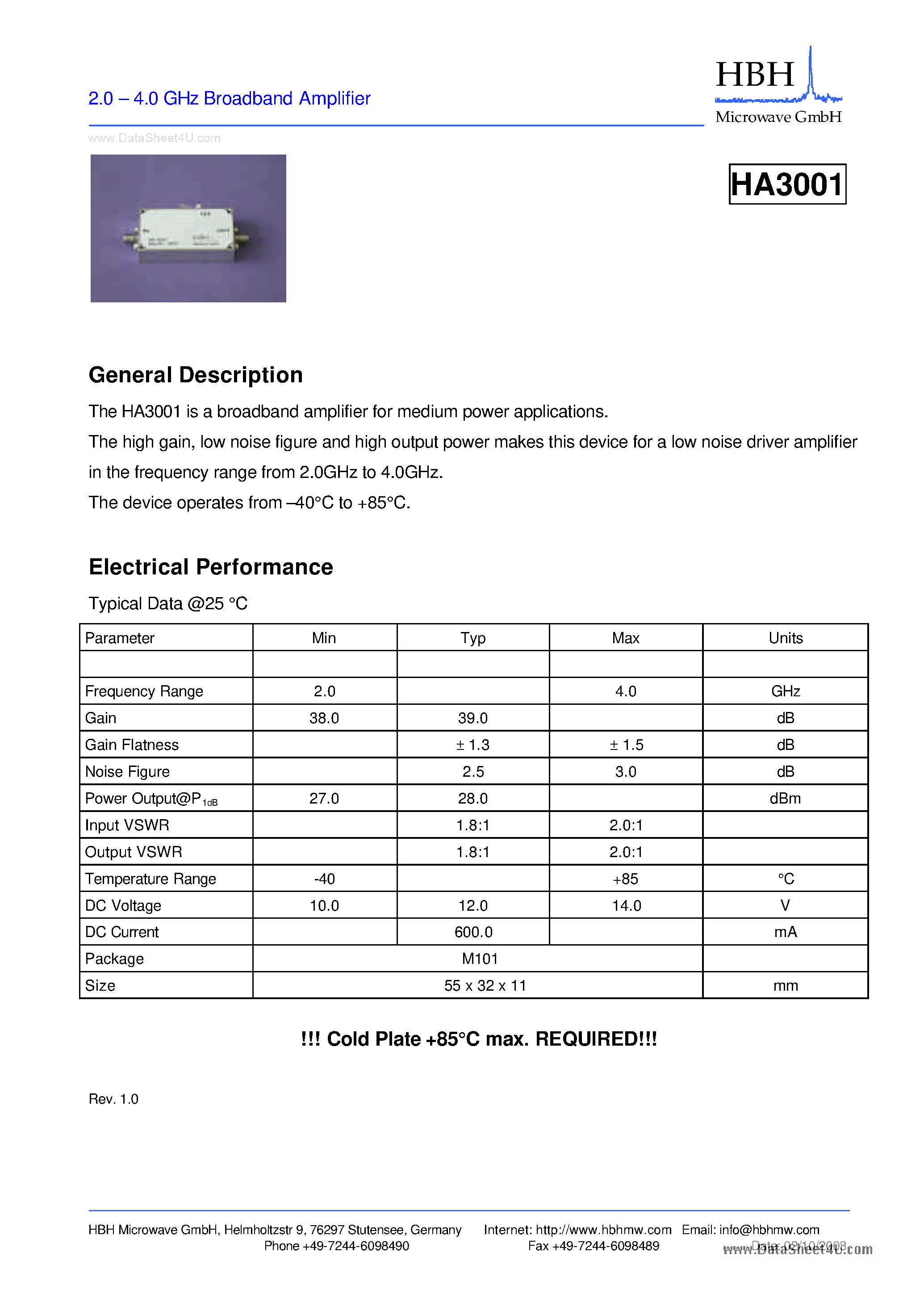 Datasheet HA3001 - 2.0 - 4.0 GHz Broadband Amplifier page 1