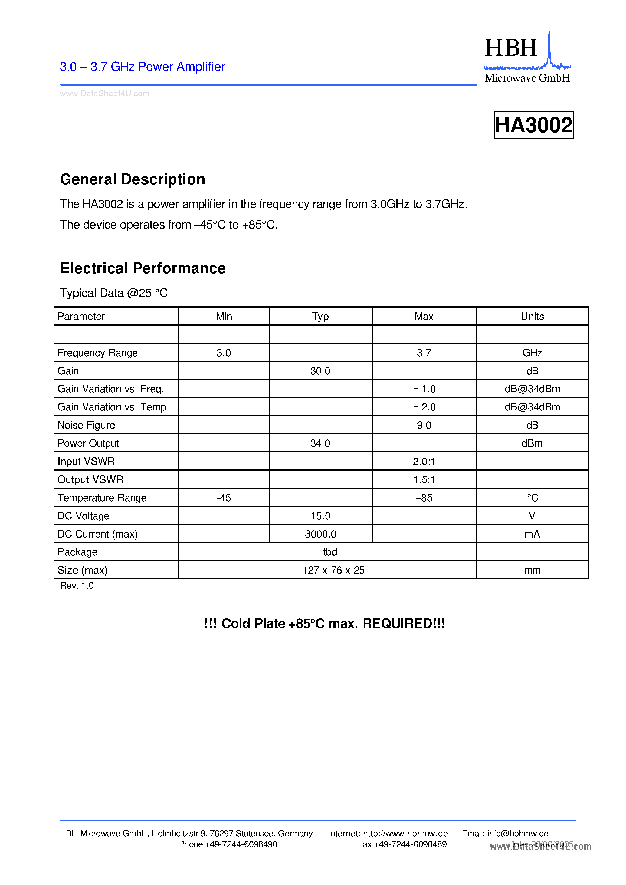 Datasheet HA3002 - 3.0 - 3.7 GHz Power Amplifier page 1