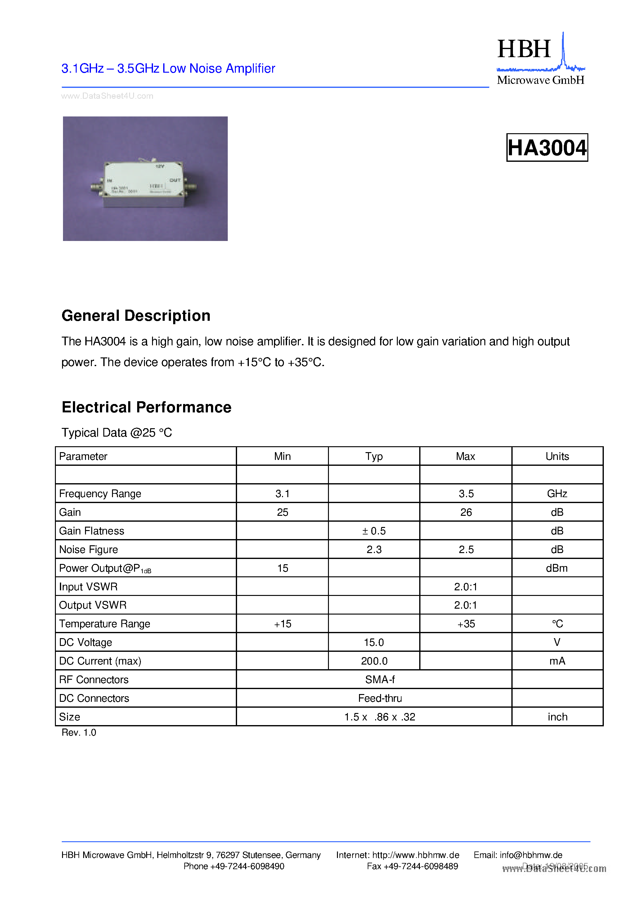 Datasheet HA3004 page 1 Datasheet HA3004 - 3.1GHz - 3.5GHz Low Noise Amplifier page 1