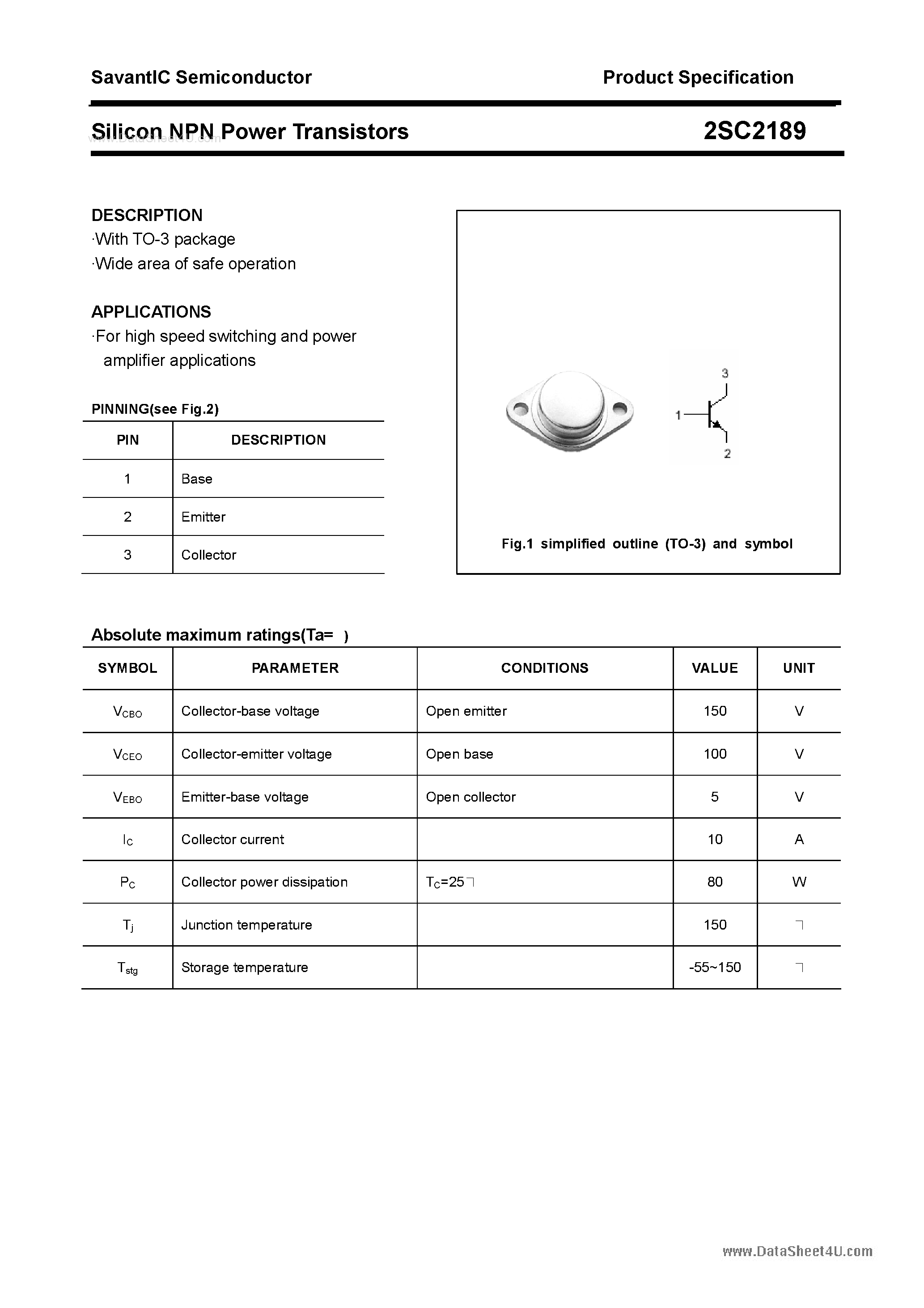 Datasheet 2SC2189 page 1 Datasheet 2SC2189 - SILICON POWER TRANSISTOR page 1