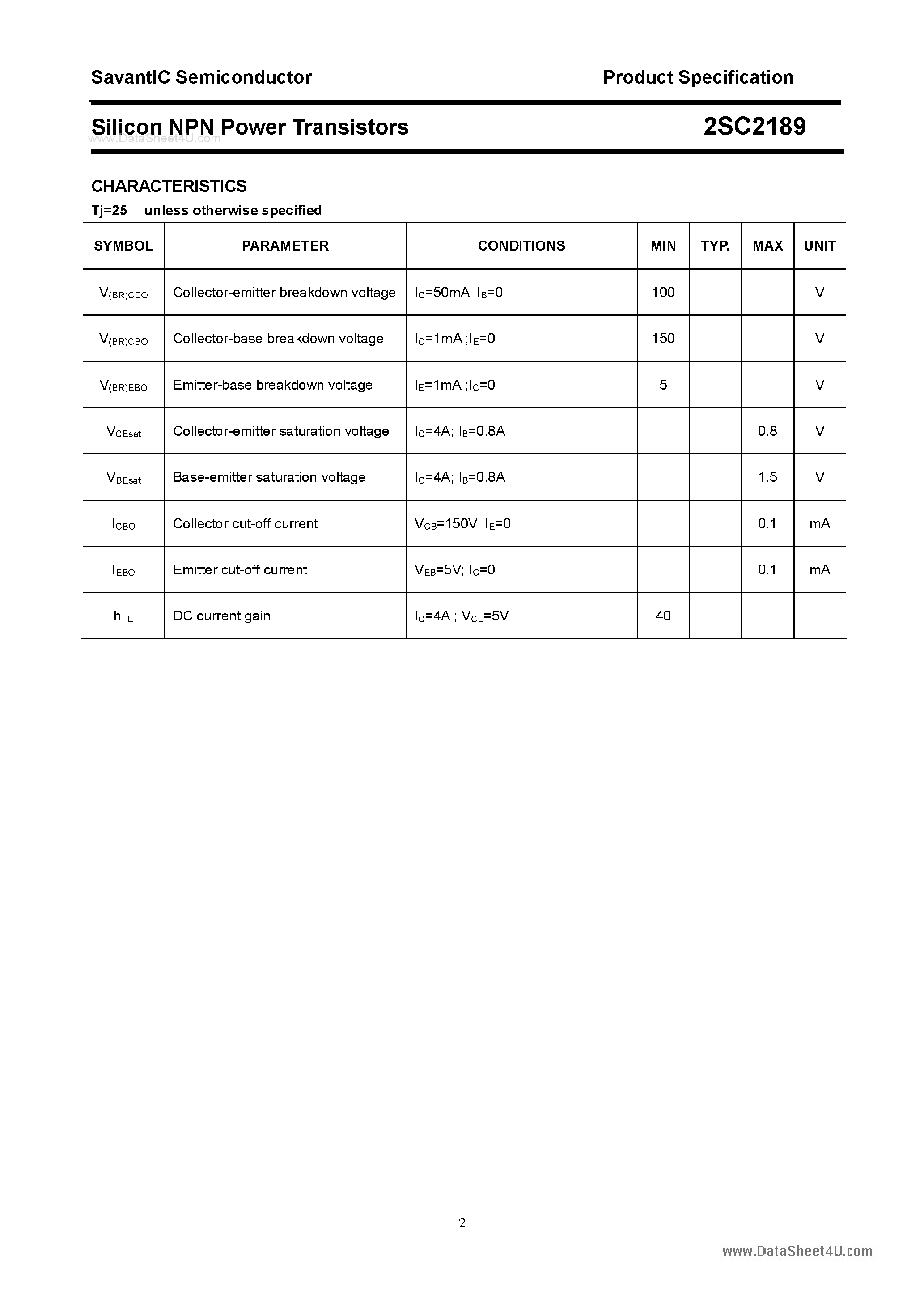 Datasheet 2SC2189 page 2 Datasheet 2SC2189 - SILICON POWER TRANSISTOR page 2
