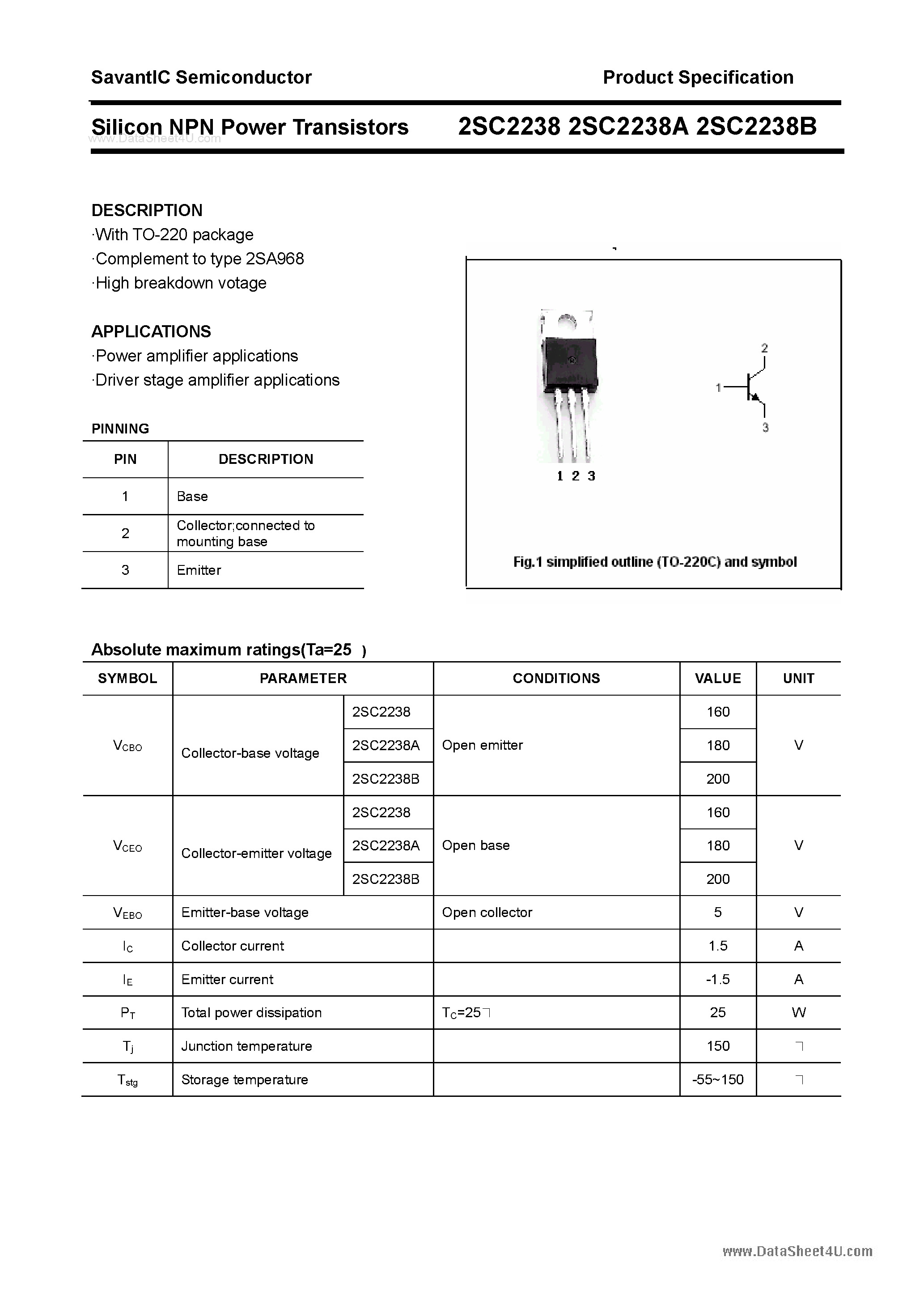 Datasheet 2SC2238 page 1 Datasheet 2SC2238 - SILICON POWER TRANSISTOR page 1