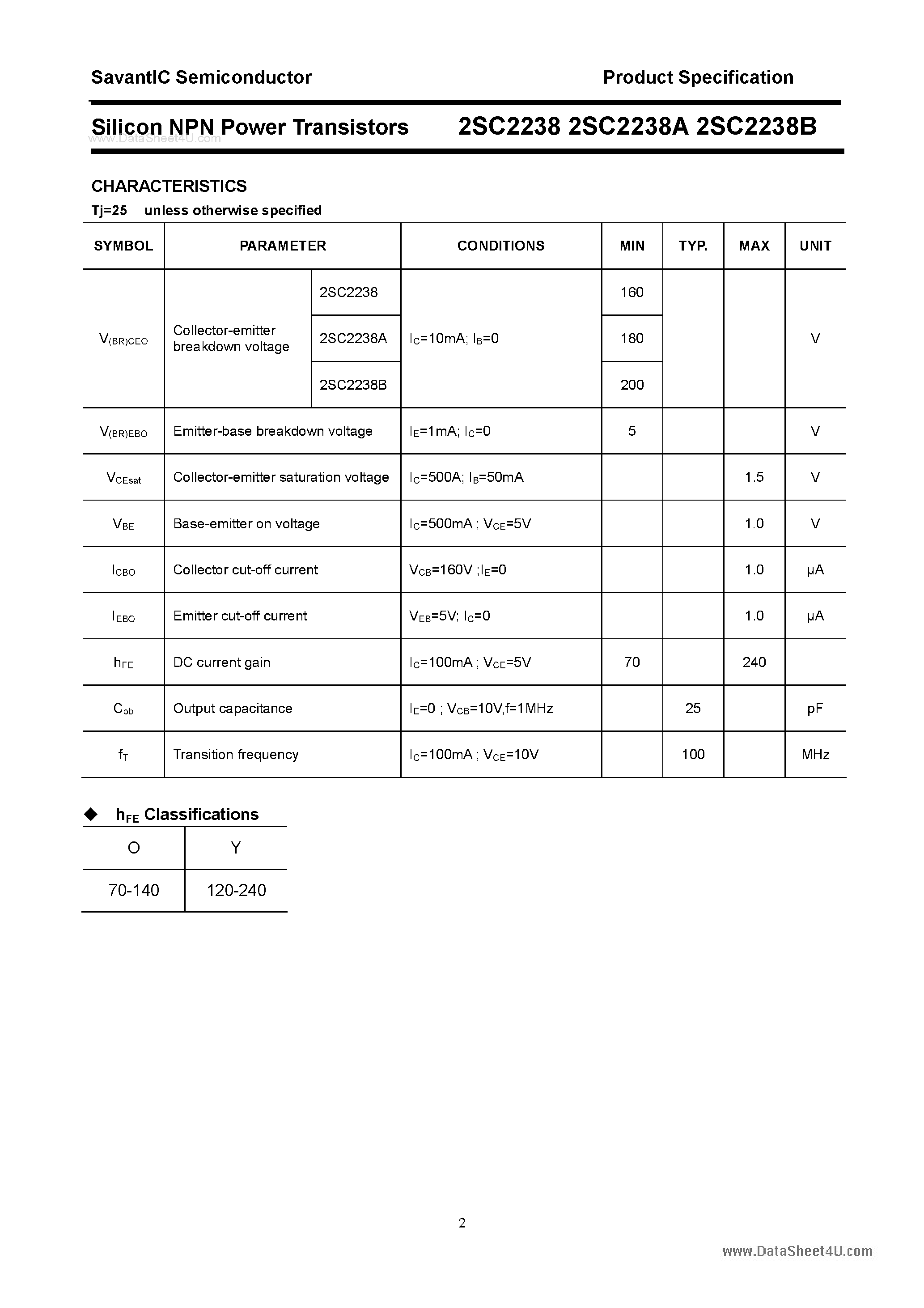 Datasheet 2SC2238 page 2 Datasheet 2SC2238 - SILICON POWER TRANSISTOR page 2