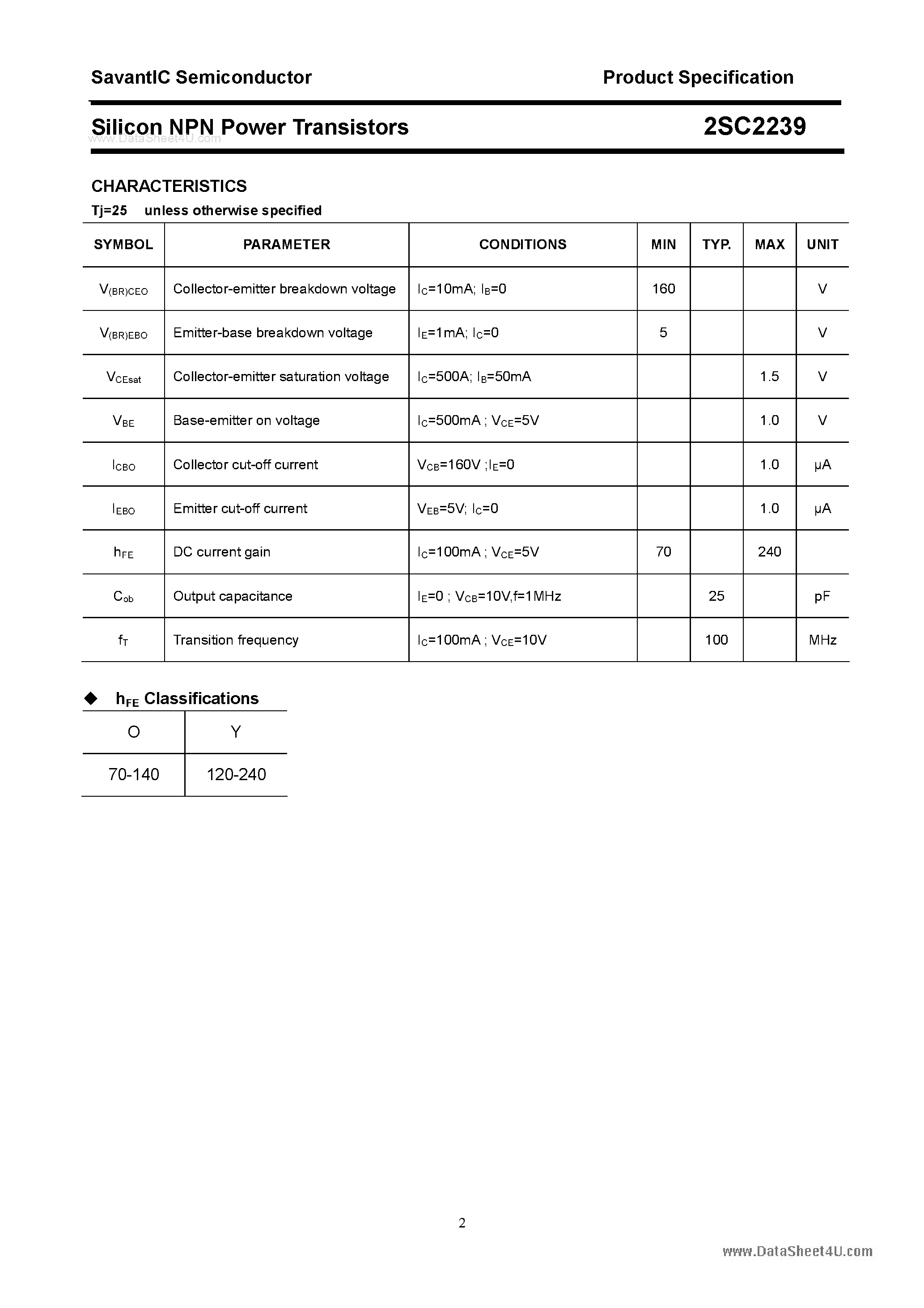 Datasheet 2SC2239 page 2 Datasheet 2SC2239 - SILICON POWER TRANSISTOR page 2
