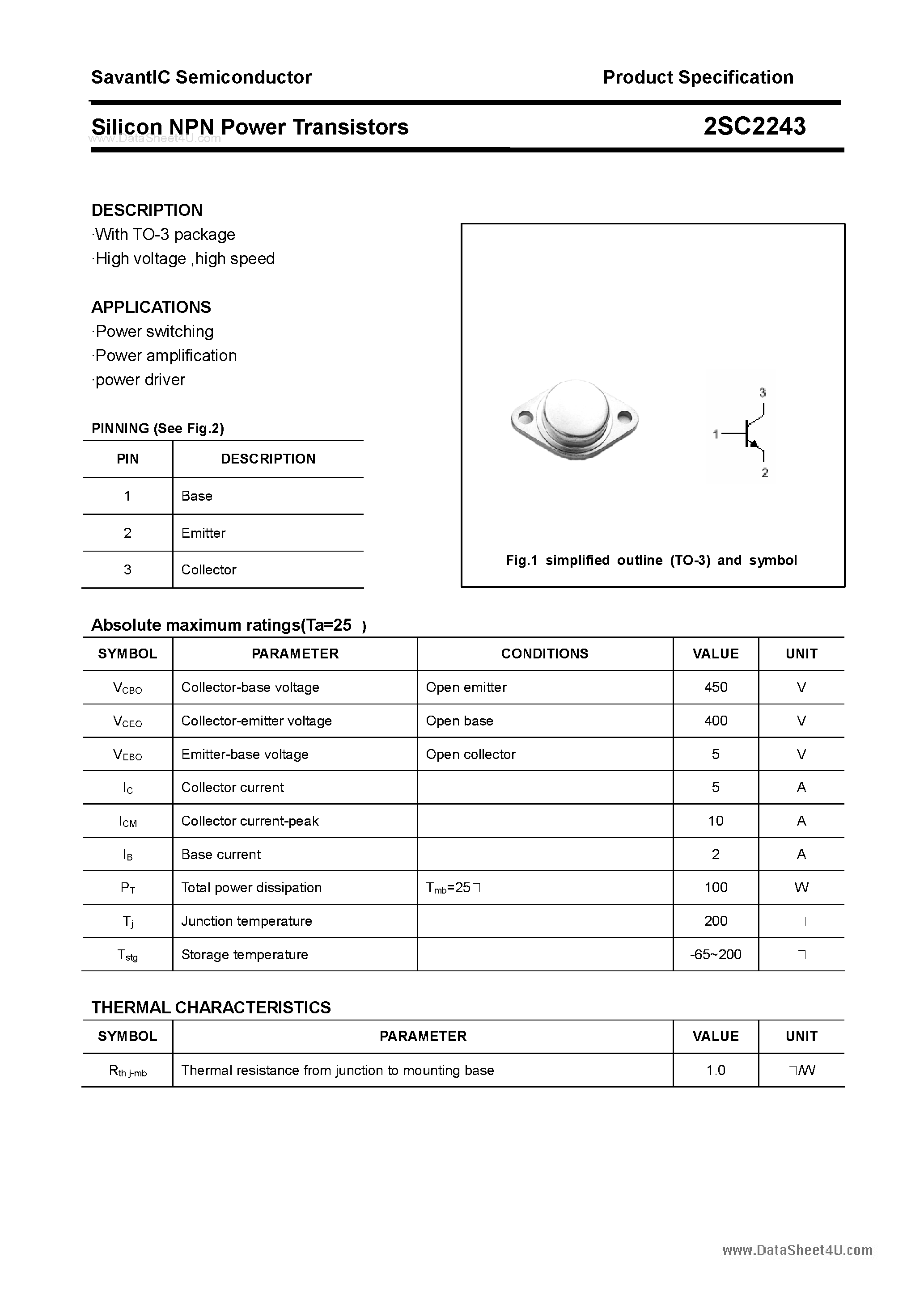 Datasheet 2SC2243 - SILICON POWER TRANSISTOR page 1