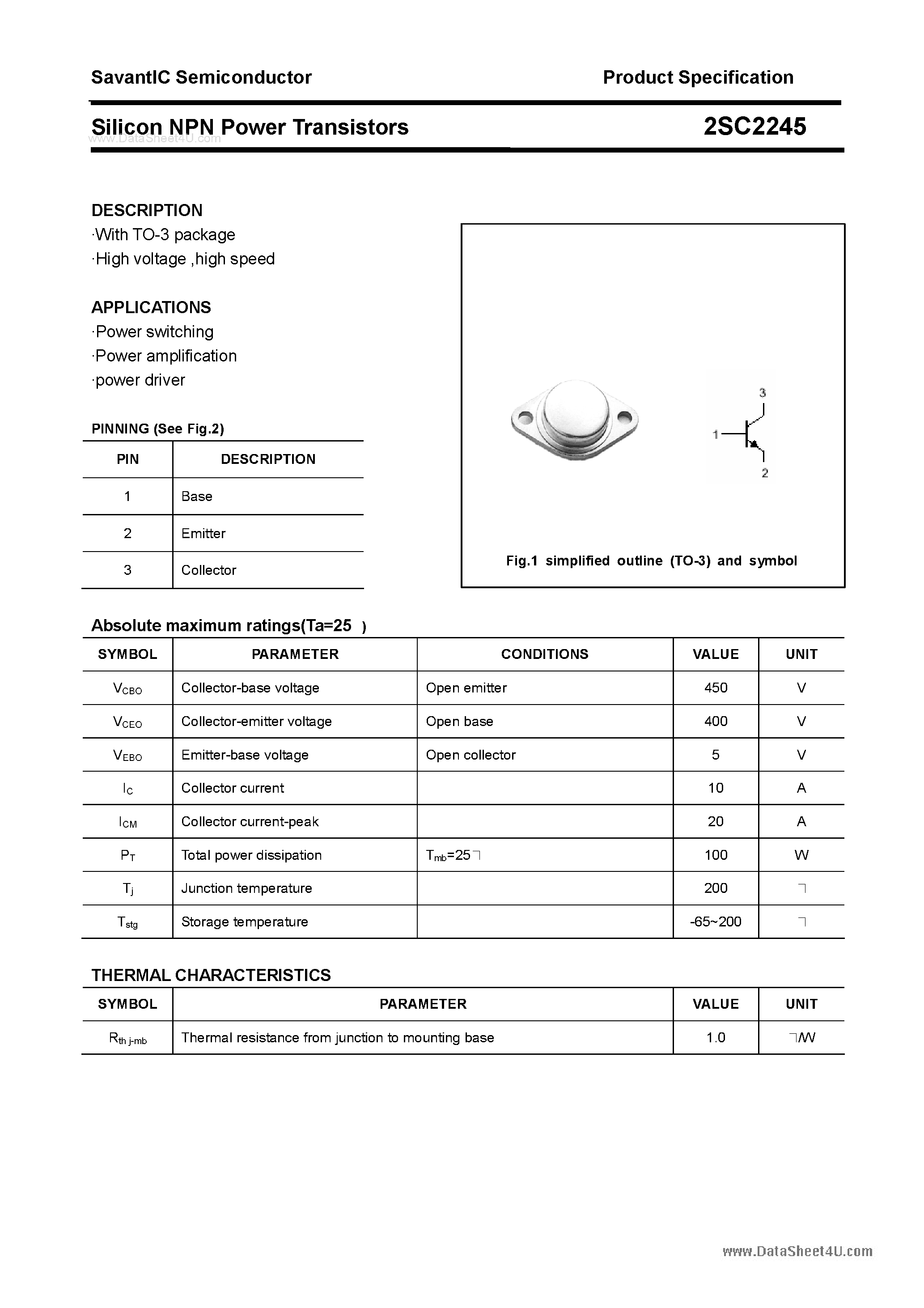 Datasheet 2SC2245 page 1 Datasheet 2SC2245 - SILICON POWER TRANSISTOR page 1