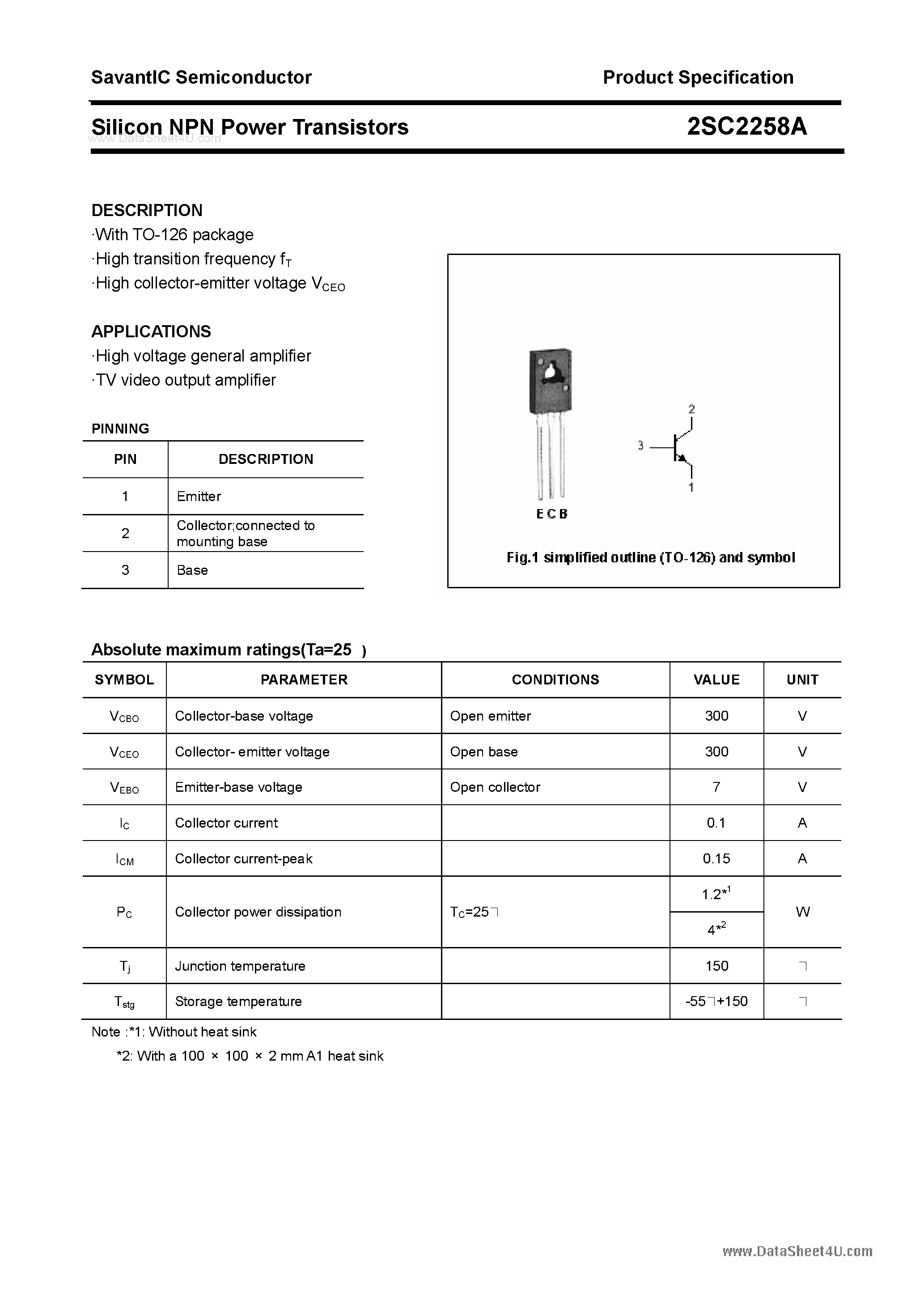 Даташит 2SC2258A - SILICON POWER TRANSISTOR страница 1