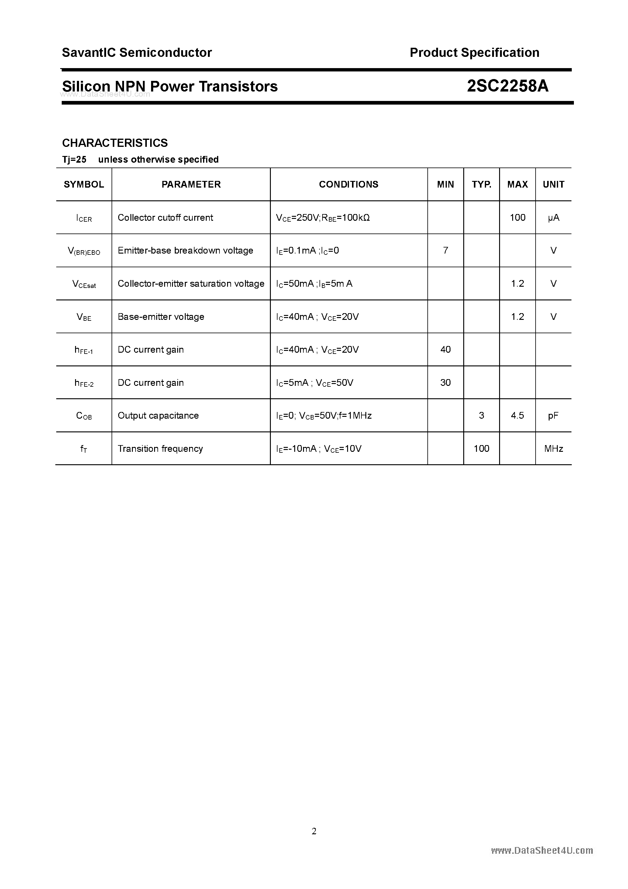 Даташит 2SC2258A - SILICON POWER TRANSISTOR страница 2
