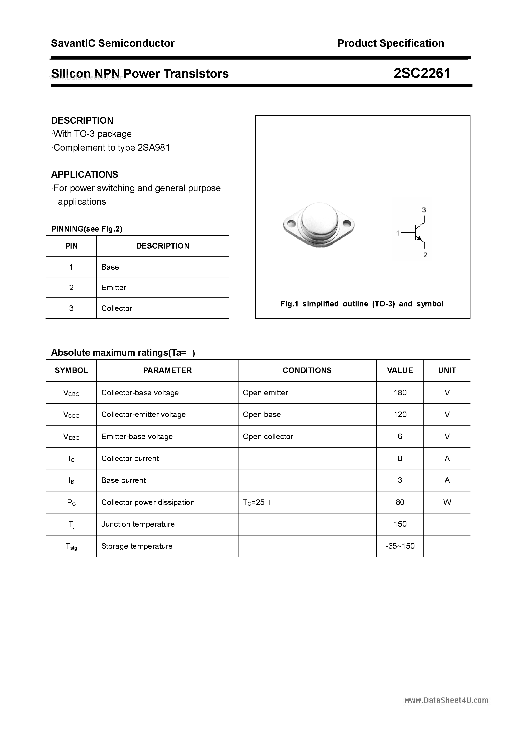 Даташит 2SC2261 - SILICON POWER TRANSISTOR страница 1