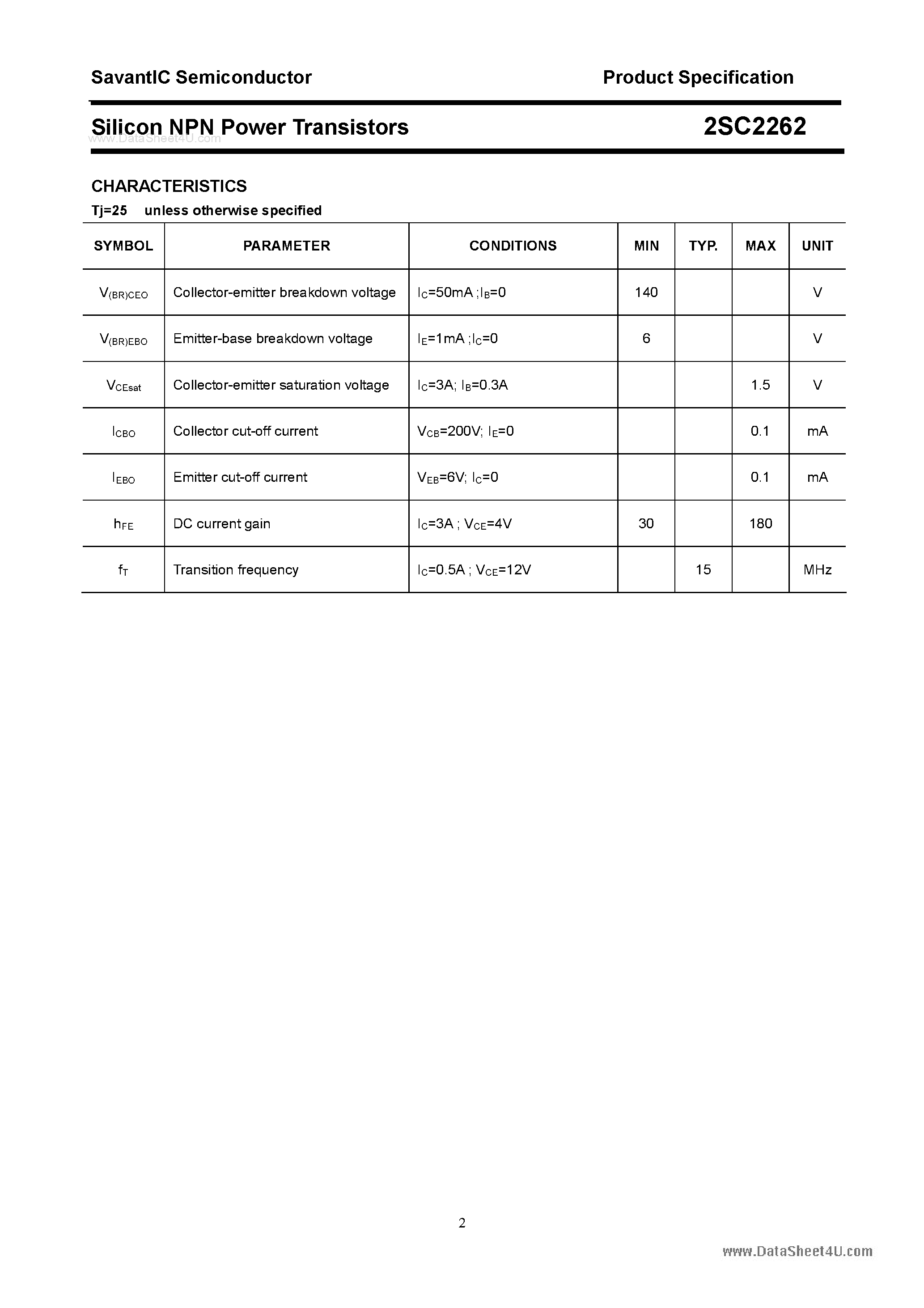 Даташит 2SC2262 - SILICON POWER TRANSISTOR страница 2