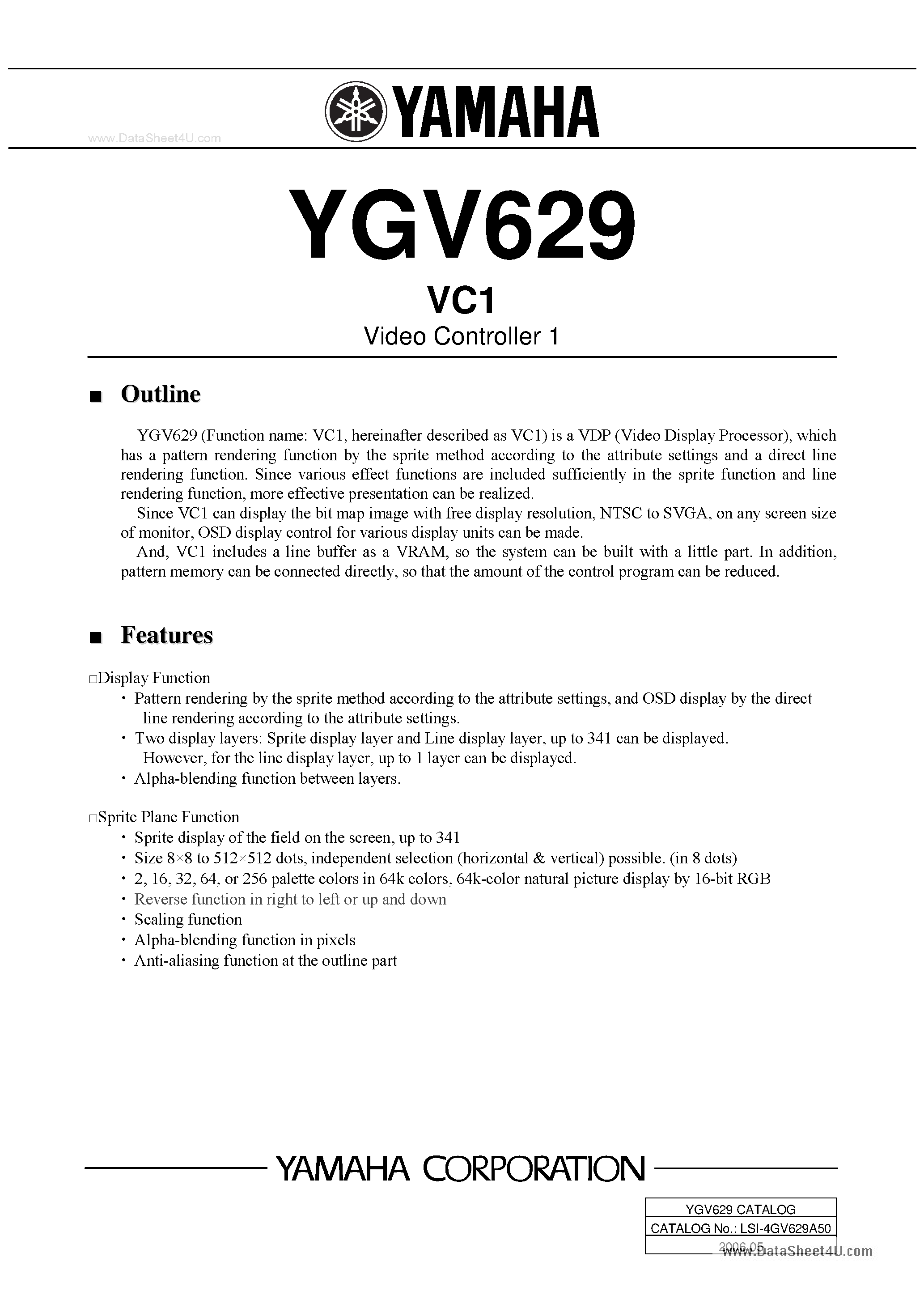 Datasheet YGV629 page 1 Datasheet YGV629 - VC1 Video Controller 1 page 1