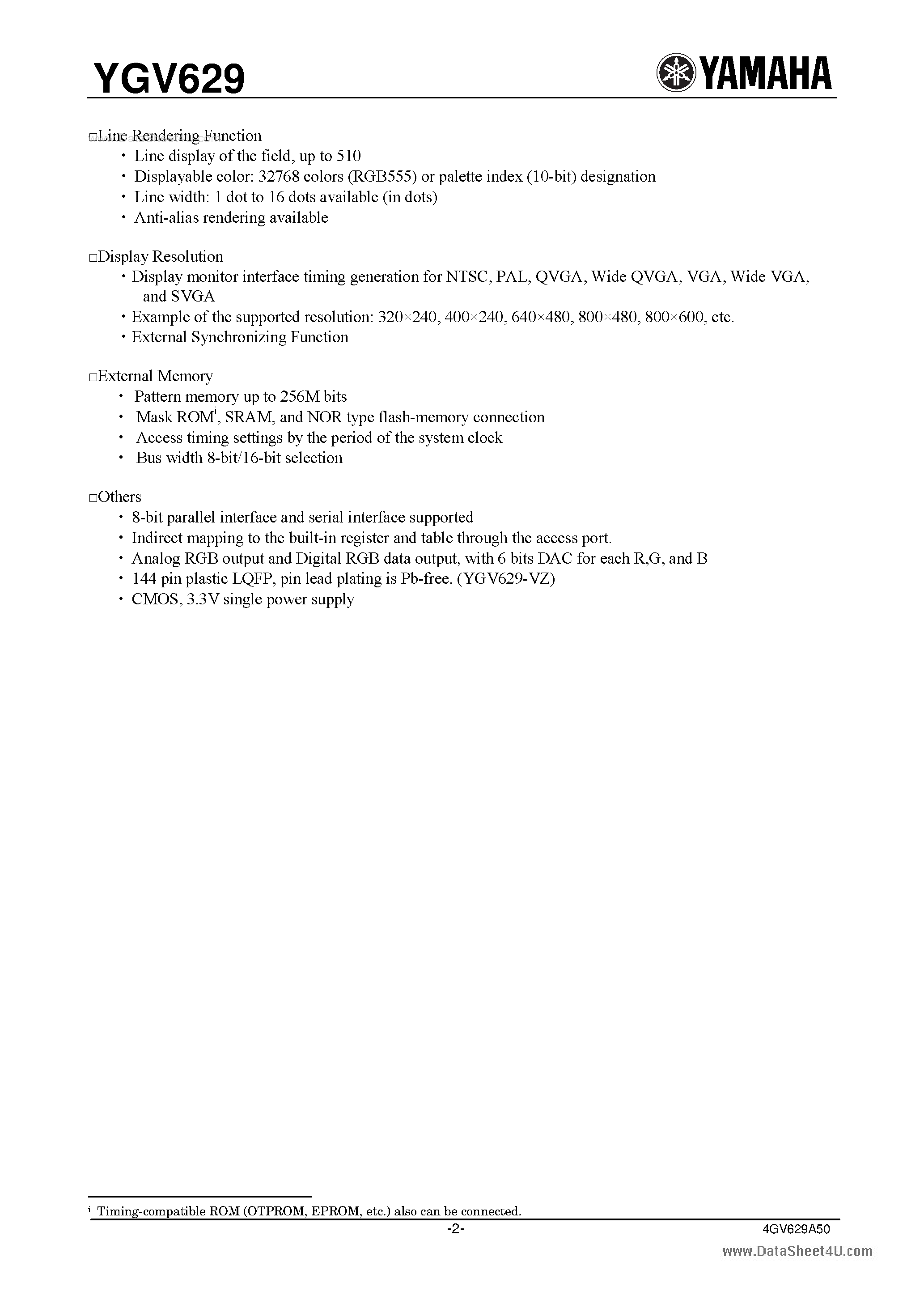 Datasheet YGV629 page 2 Datasheet YGV629 - VC1 Video Controller 1 page 2