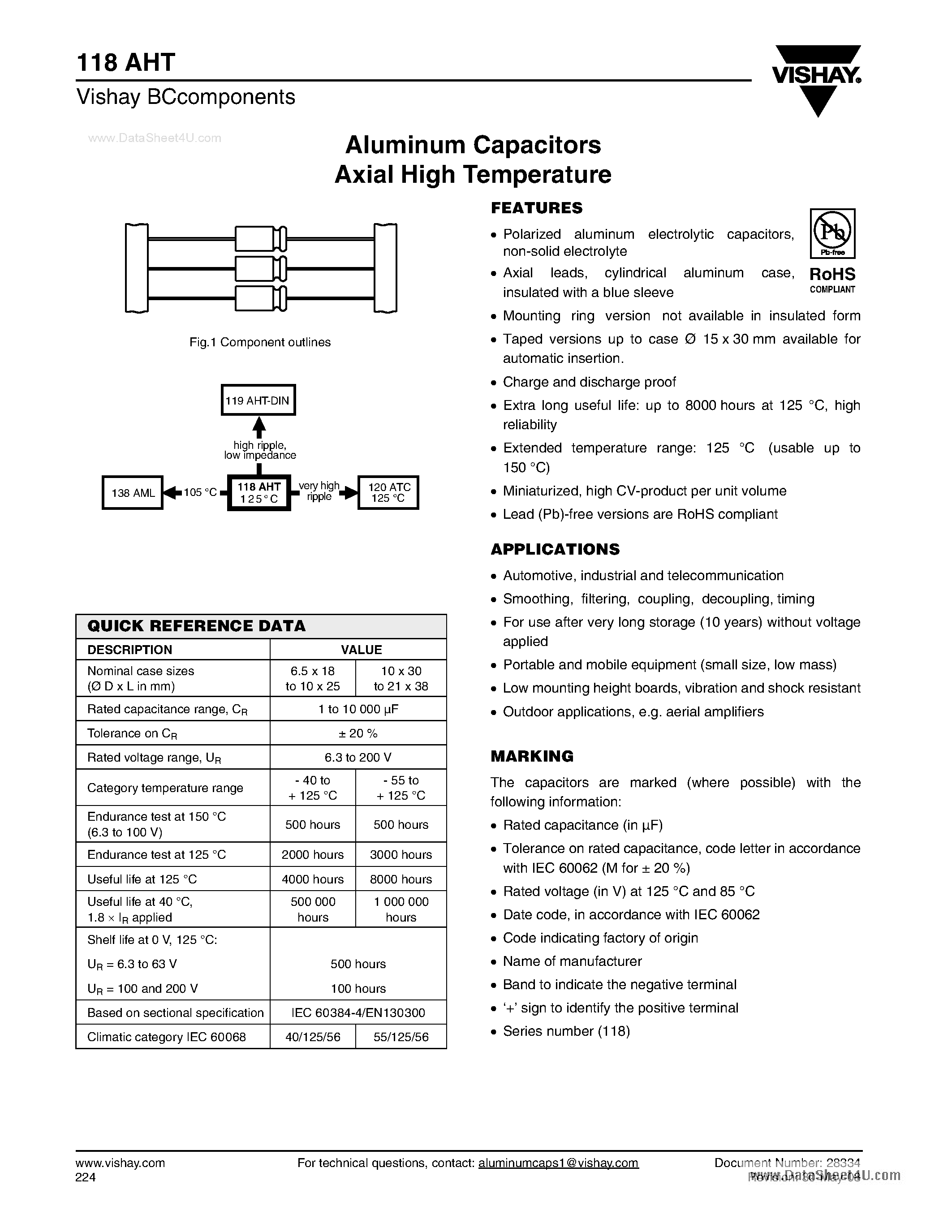 Datasheet MAL211816472E3 - Aluminum Capacitors Axial High Temperature page 1