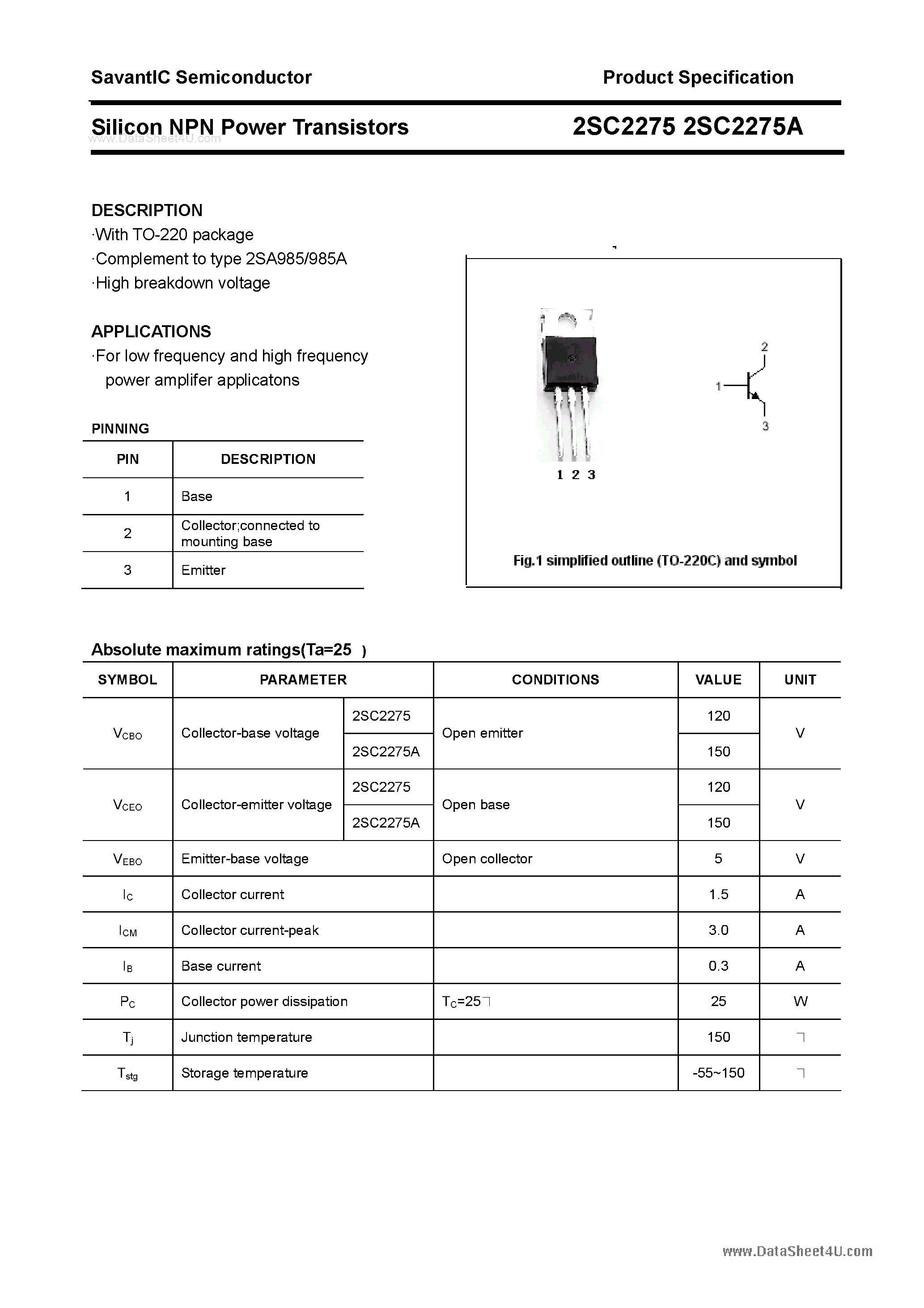 Даташит 2SC2275 - SILICON POWER TRANSISTOR страница 1