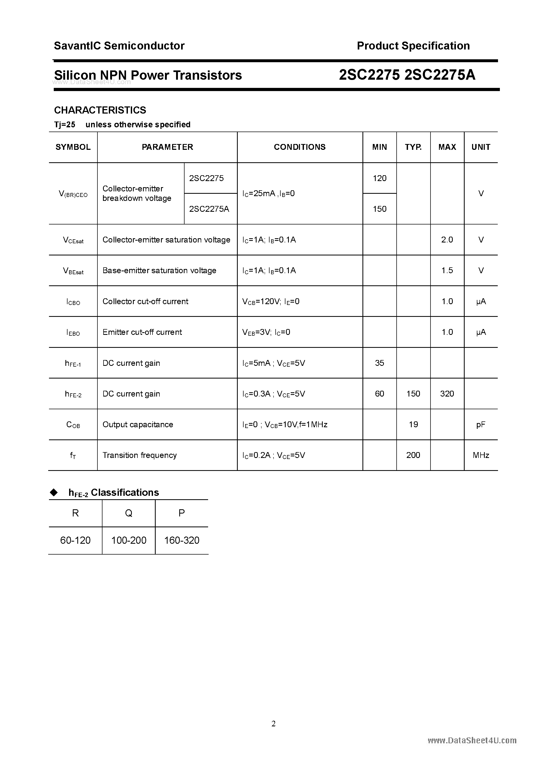 Даташит 2SC2275 - SILICON POWER TRANSISTOR страница 2