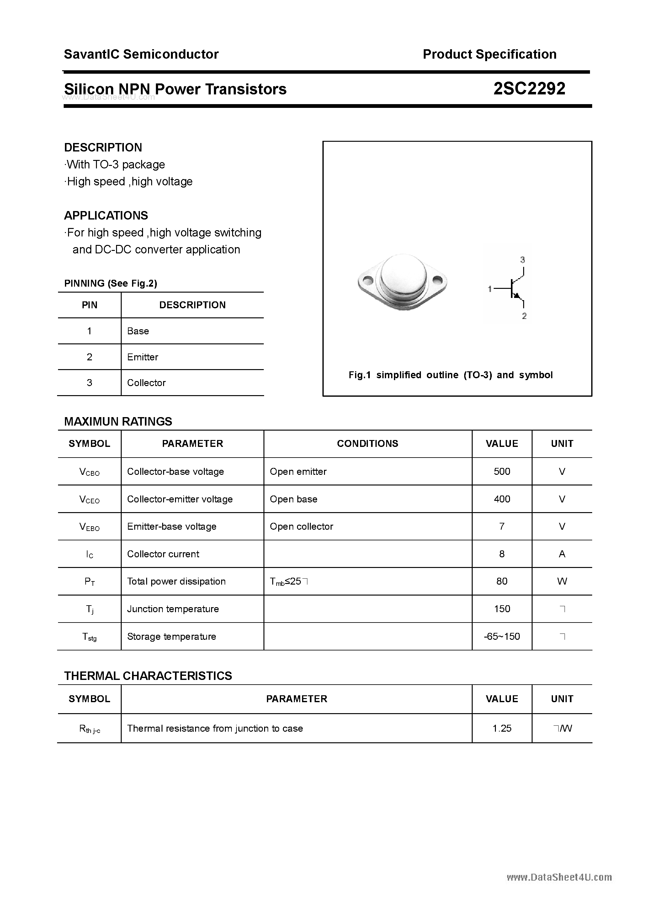 Datasheet 2SC2292 page 1 Datasheet 2SC2292 - SILICON POWER TRANSISTOR page 1