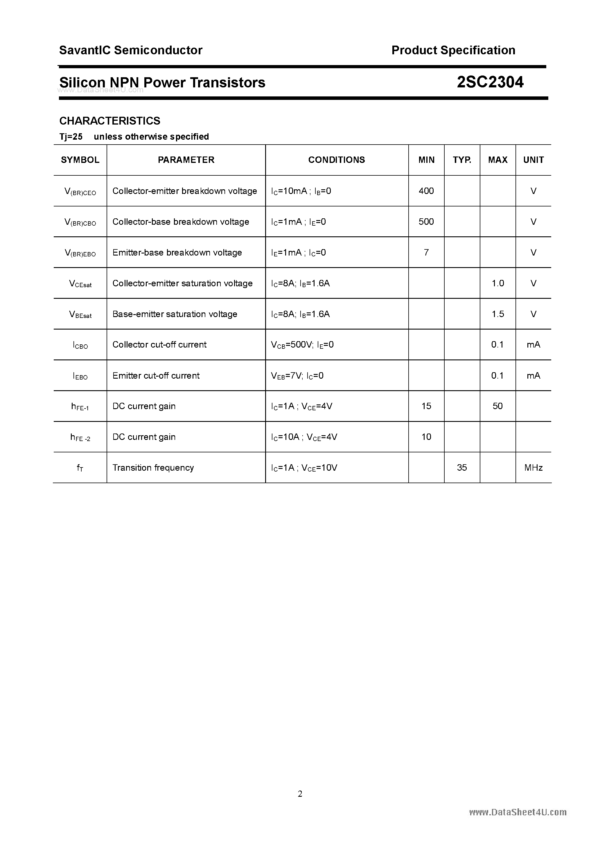 Datasheet 2SC2304 - SILICON POWER TRANSISTOR page 2