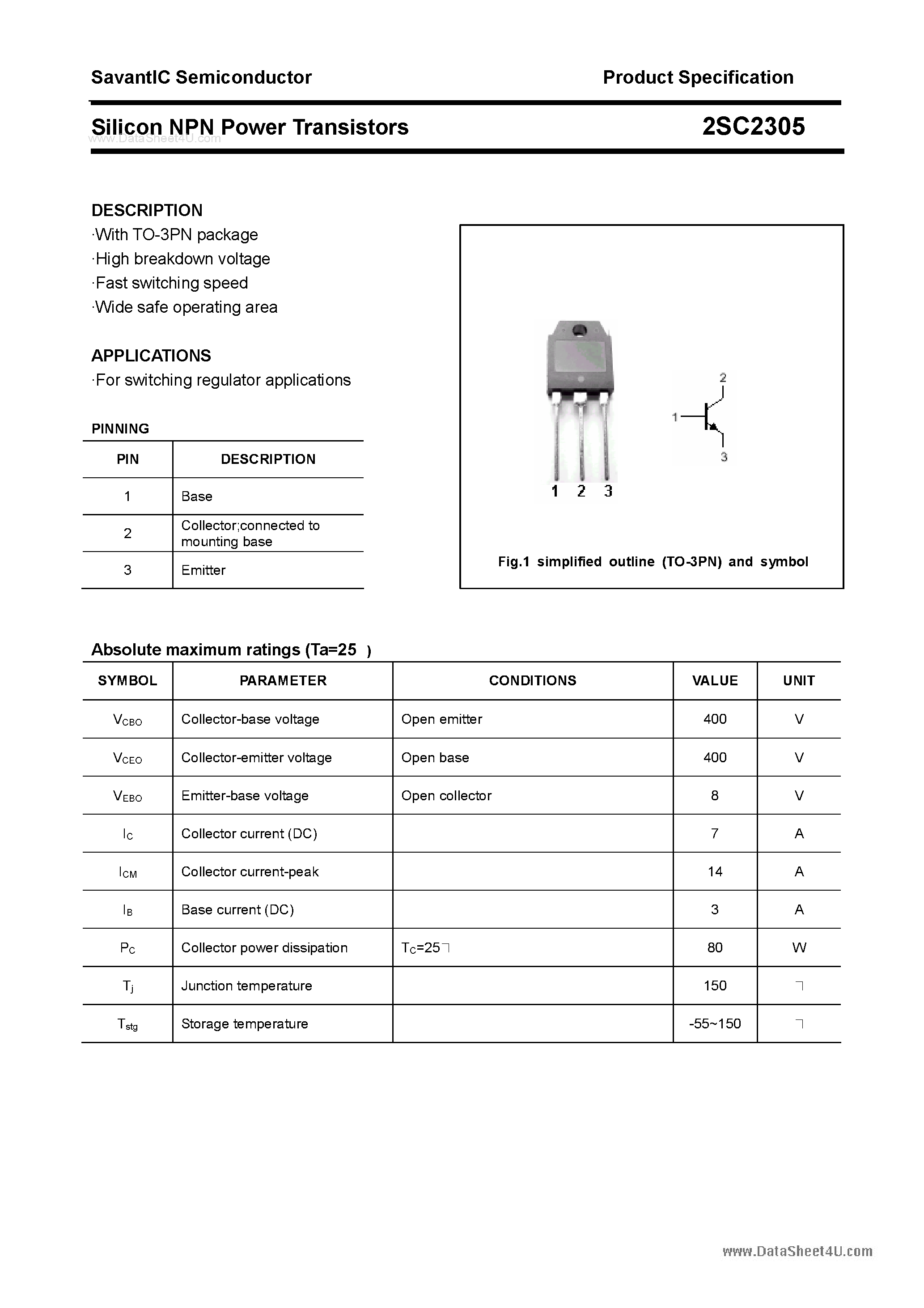 Datasheet 2SC2305 page 1 Datasheet 2SC2305 - SILICON POWER TRANSISTOR page 1
