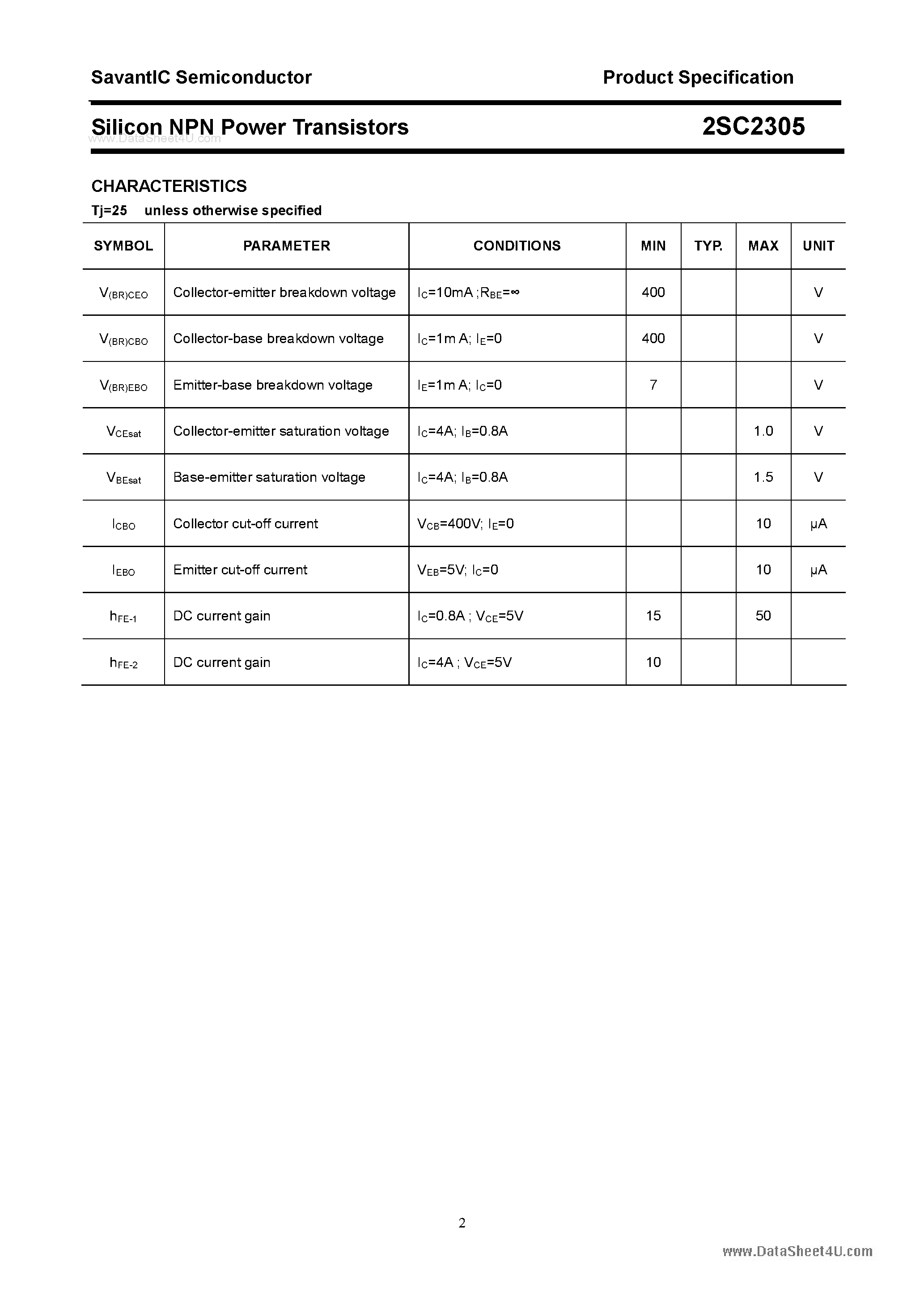 Datasheet 2SC2305 page 2 Datasheet 2SC2305 - SILICON POWER TRANSISTOR page 2