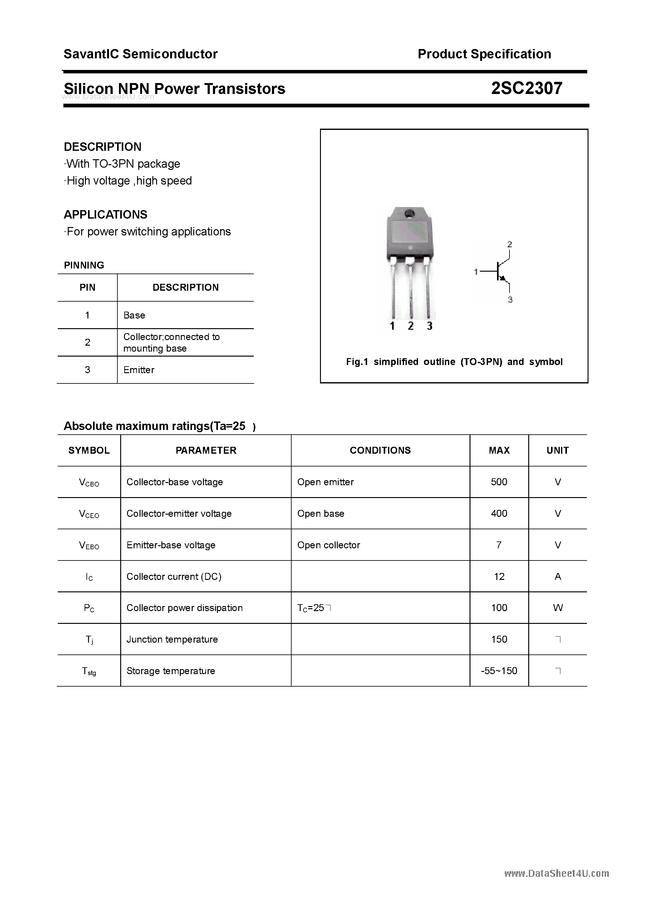 Datasheet 2SC2307 - SILICON POWER TRANSISTOR page 1