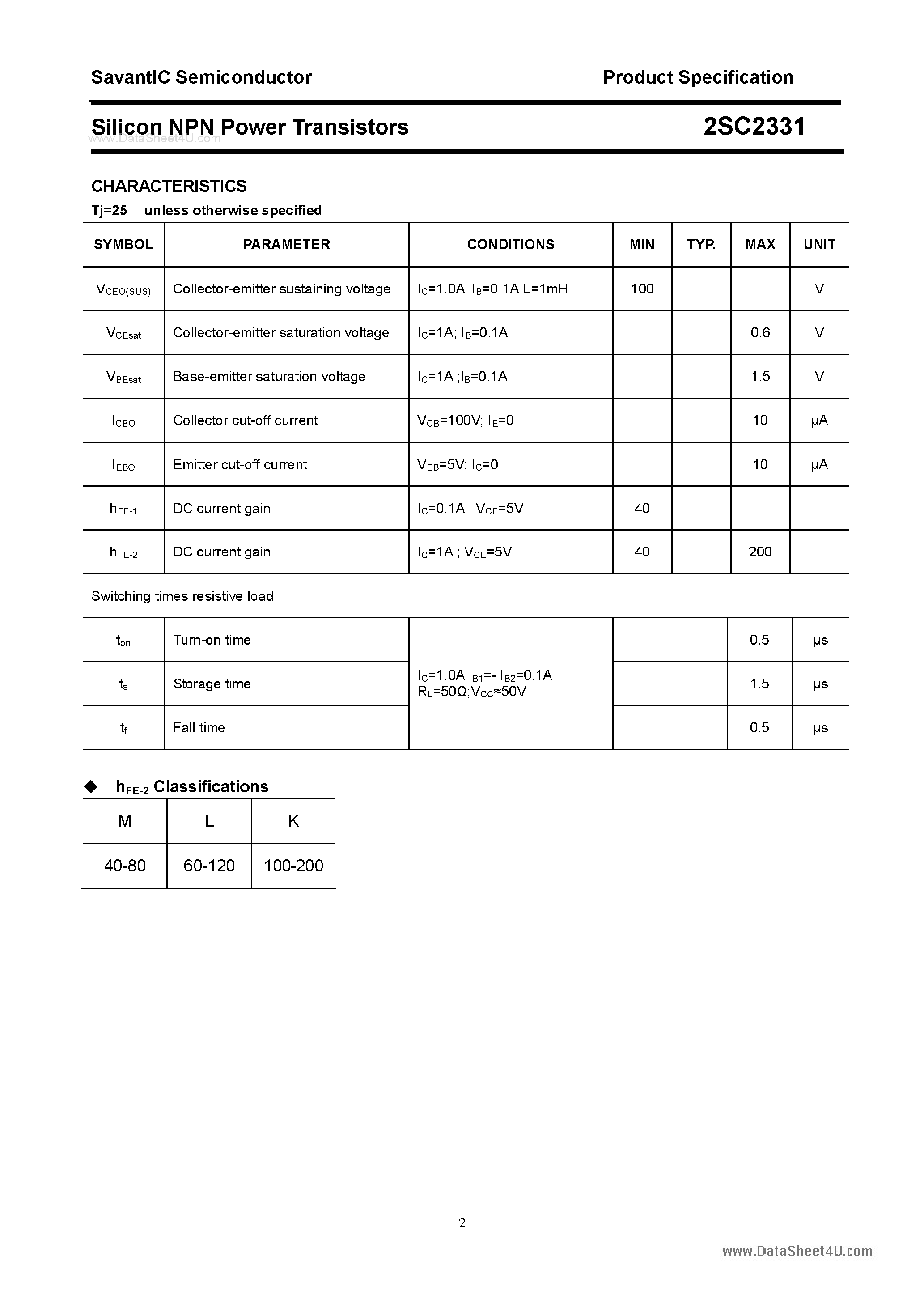 Datasheet 2SC2331 page 2 Datasheet 2SC2331 - SILICON POWER TRANSISTOR page 2