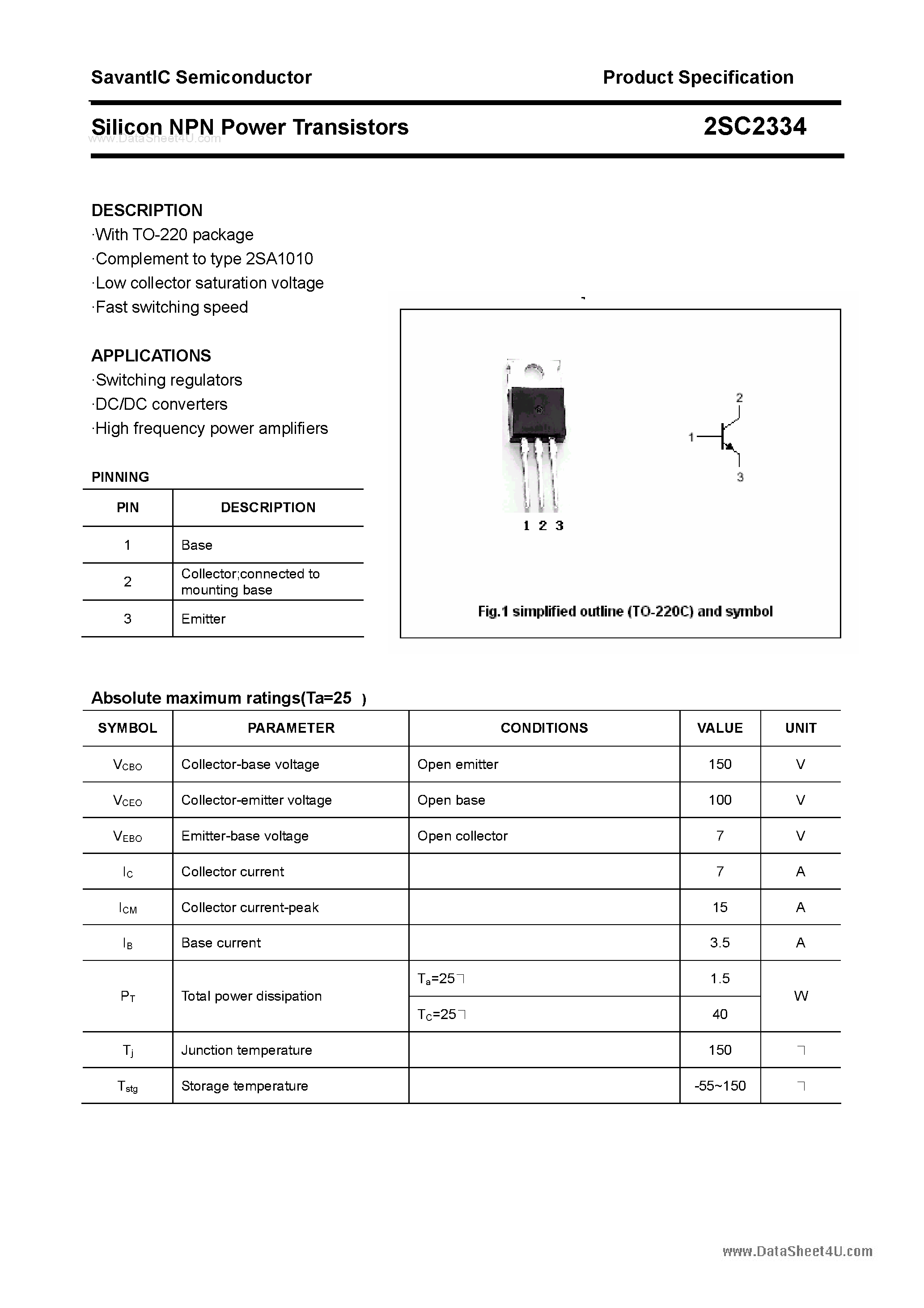 Datasheet 2SC2334 page 1 Datasheet 2SC2334 - SILICON POWER TRANSISTOR page 1
