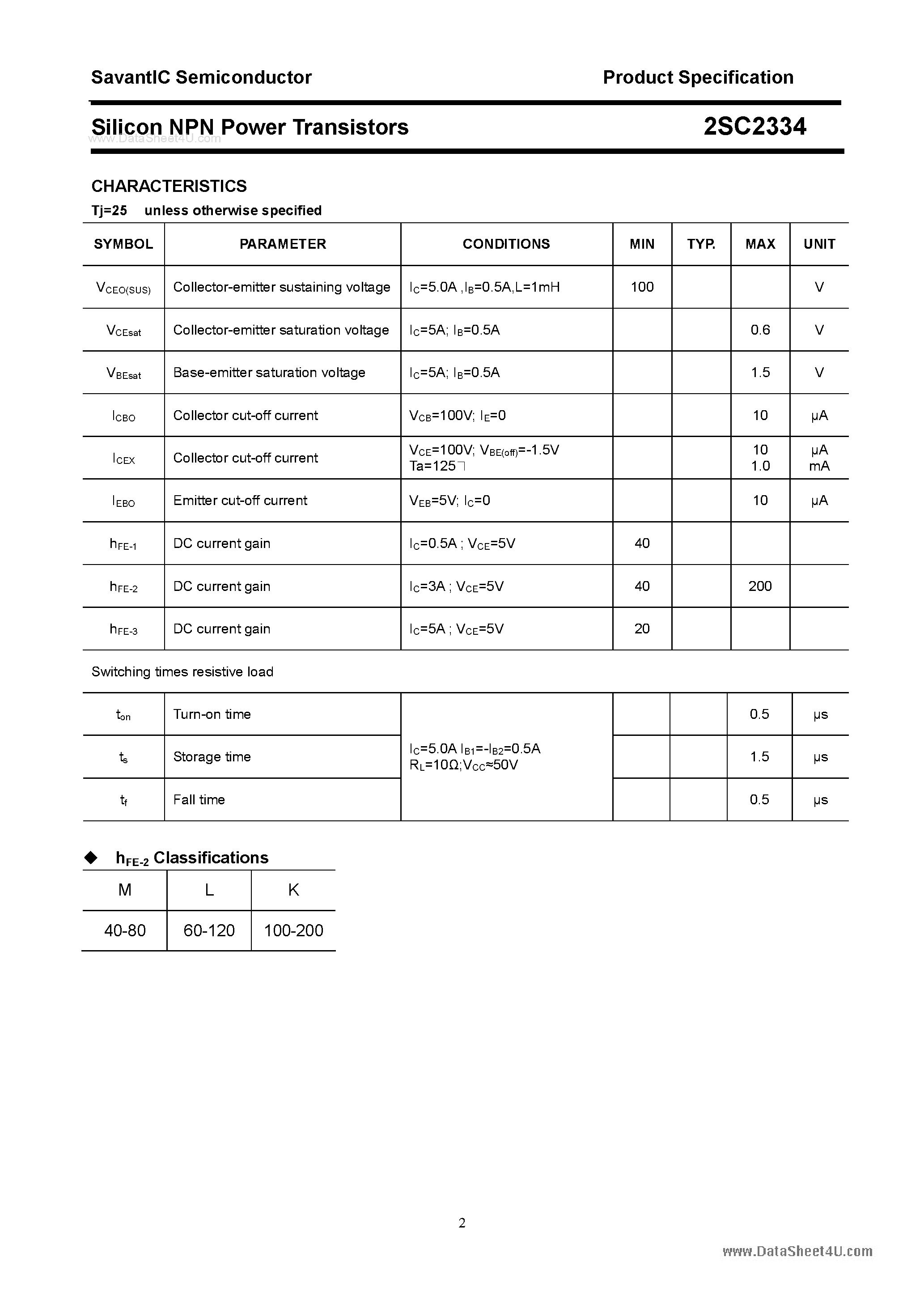 Datasheet 2SC2334 page 2 Datasheet 2SC2334 - SILICON POWER TRANSISTOR page 2