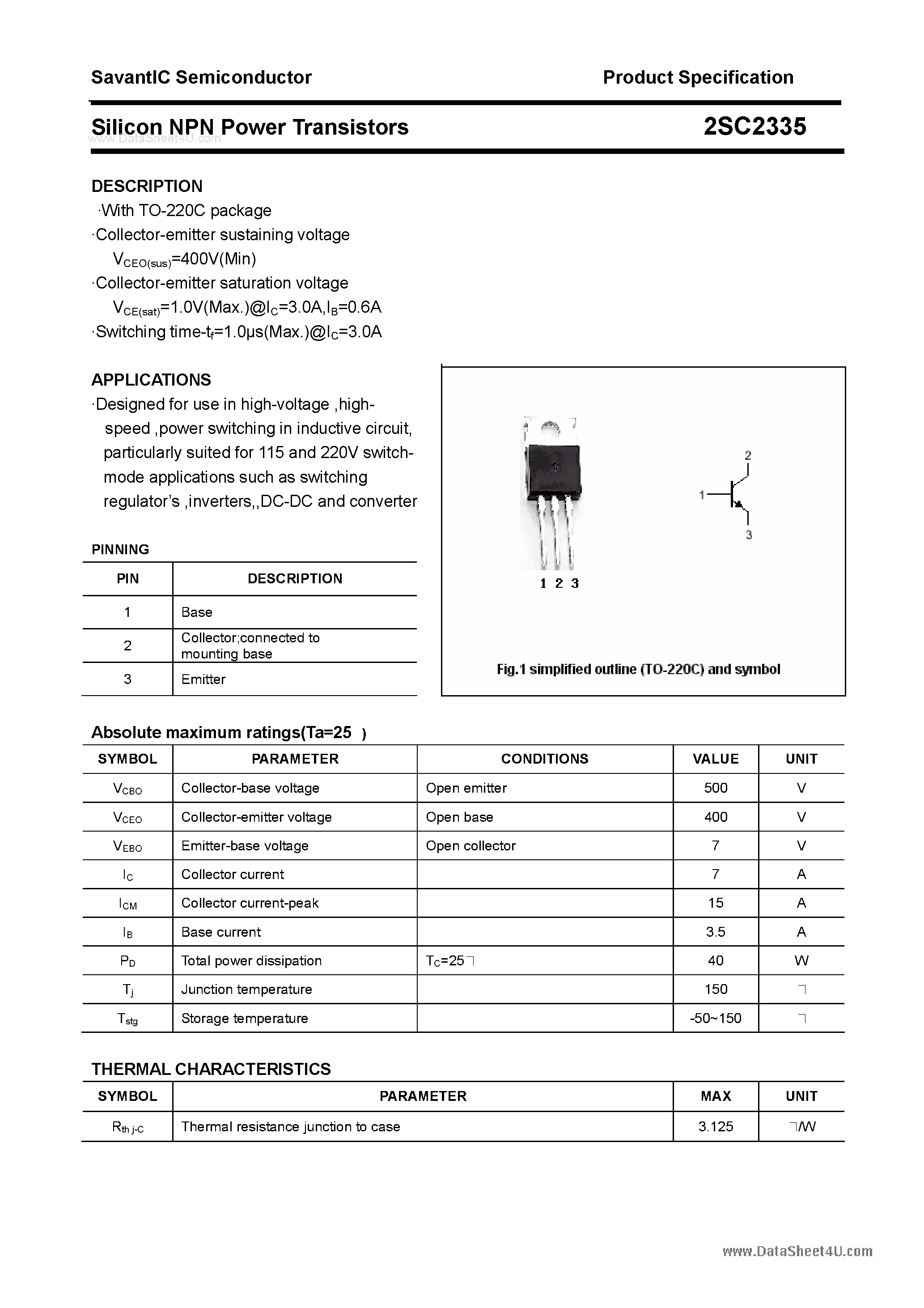 Datasheet 2SC2335 - SILICON POWER TRANSISTOR page 1