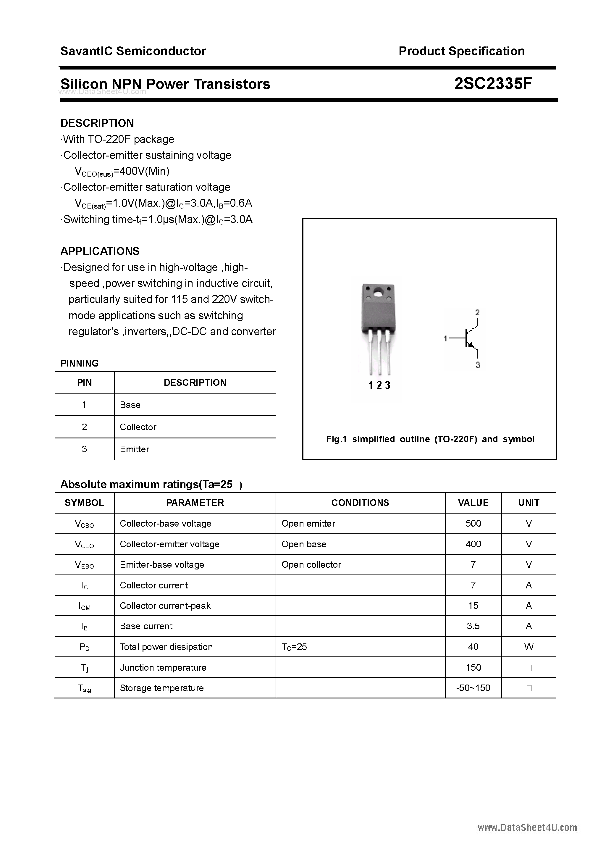 Datasheet 2SC2335F page 1 Datasheet 2SC2335F - SILICON POWER TRANSISTOR page 1