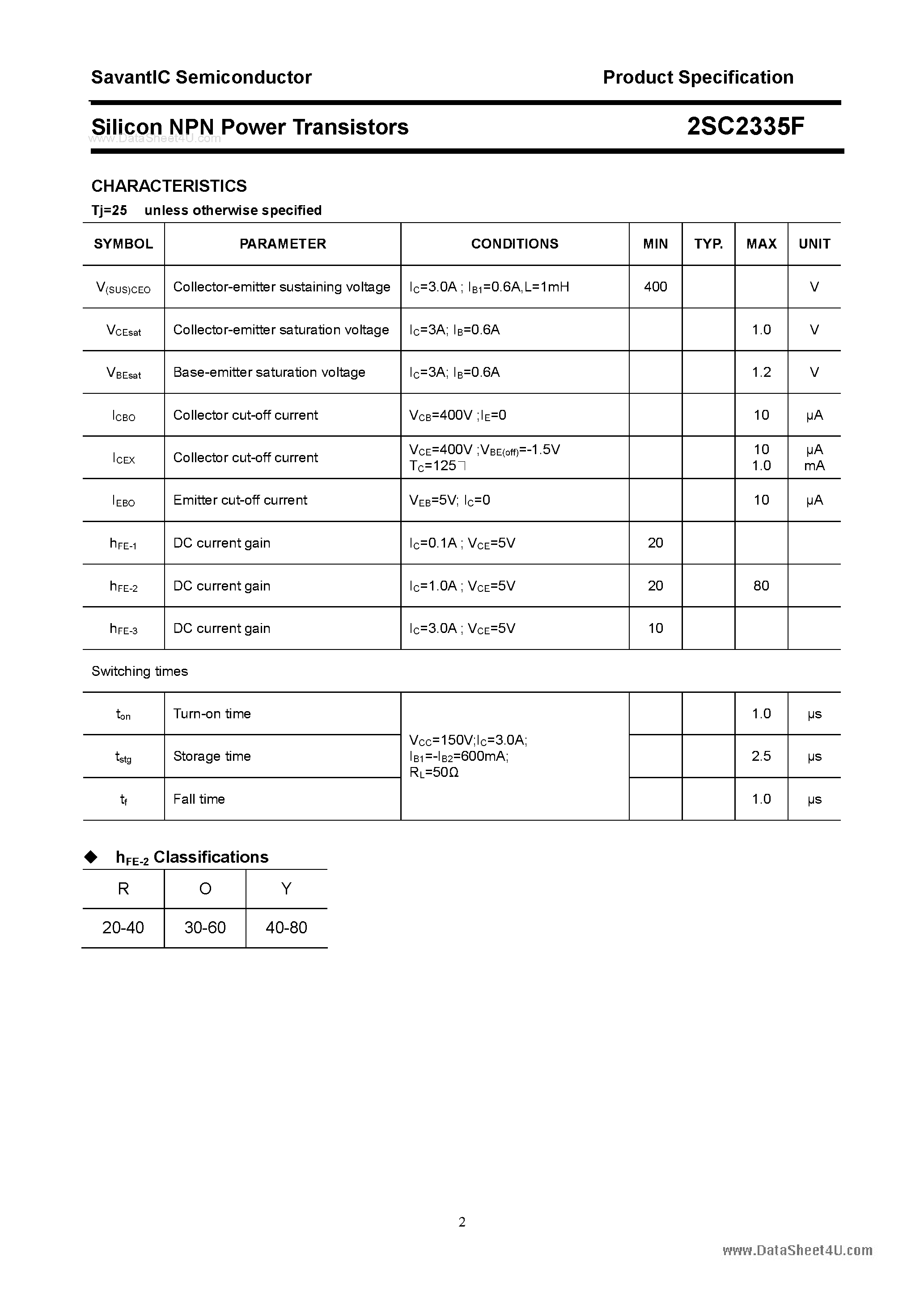 Datasheet 2SC2335F page 2 Datasheet 2SC2335F - SILICON POWER TRANSISTOR page 2