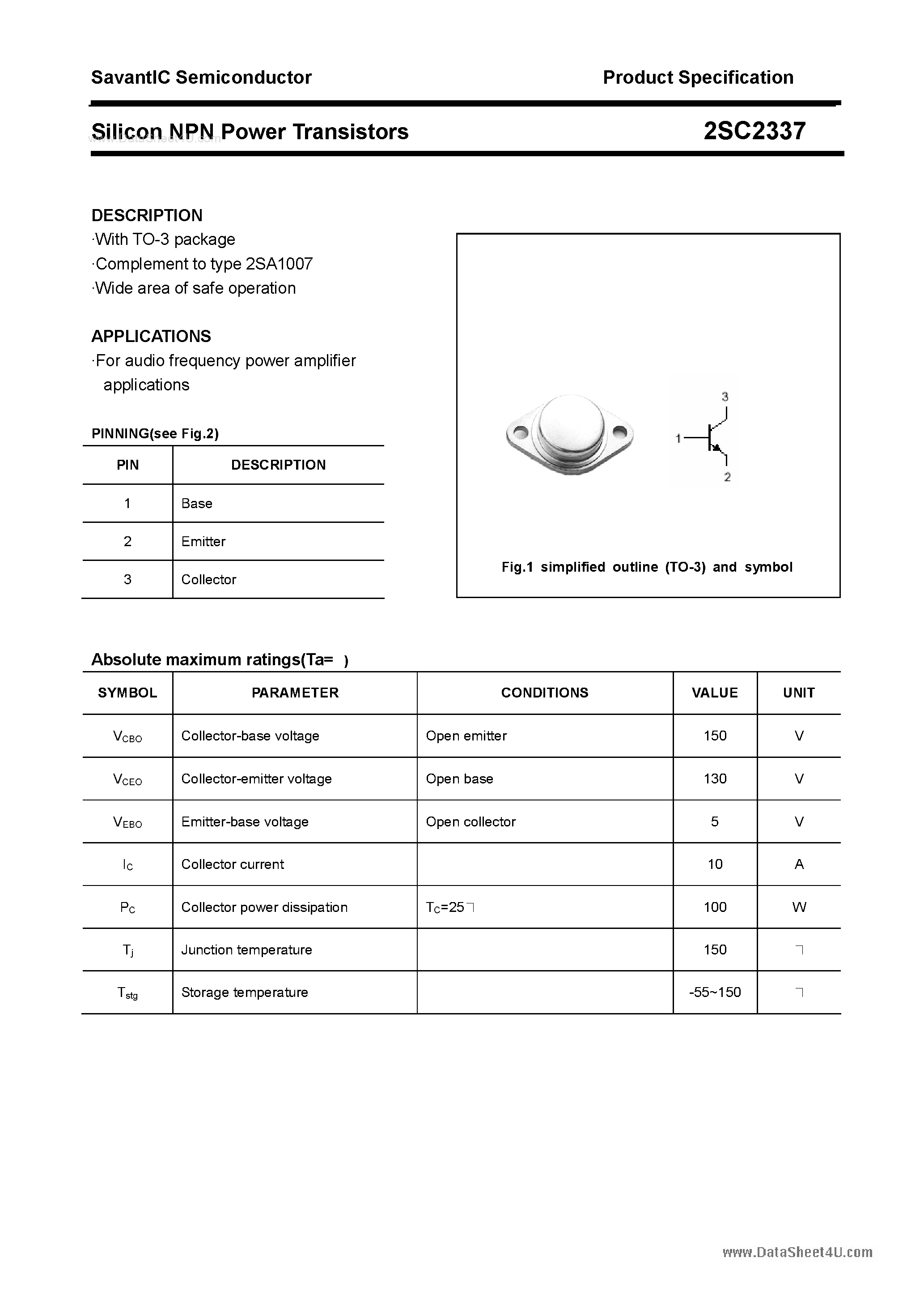 Datasheet 2SC2337 - SILICON POWER TRANSISTOR page 1