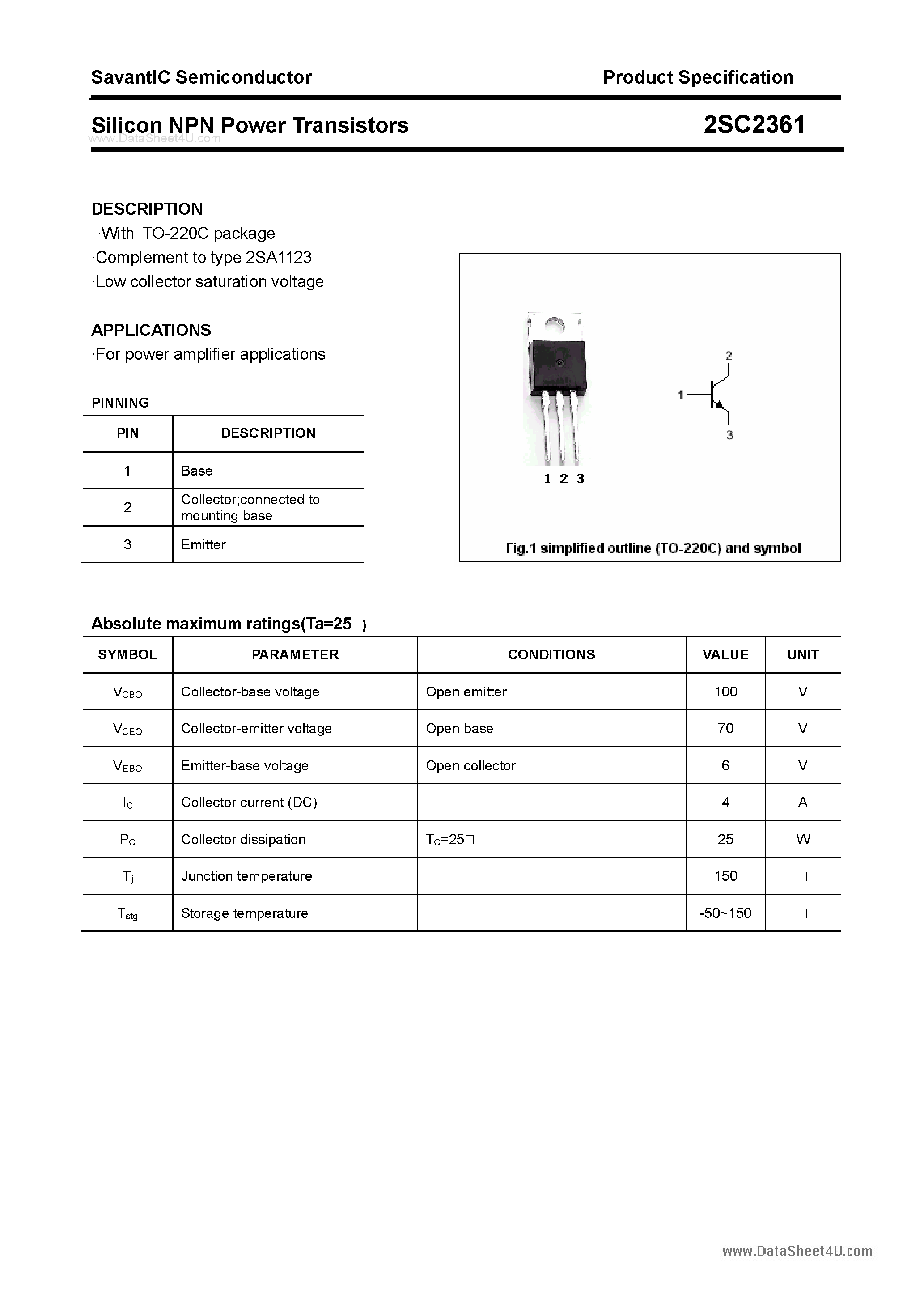 Datasheet 2SC2361 page 1 Datasheet 2SC2361 - SILICON POWER TRANSISTOR page 1