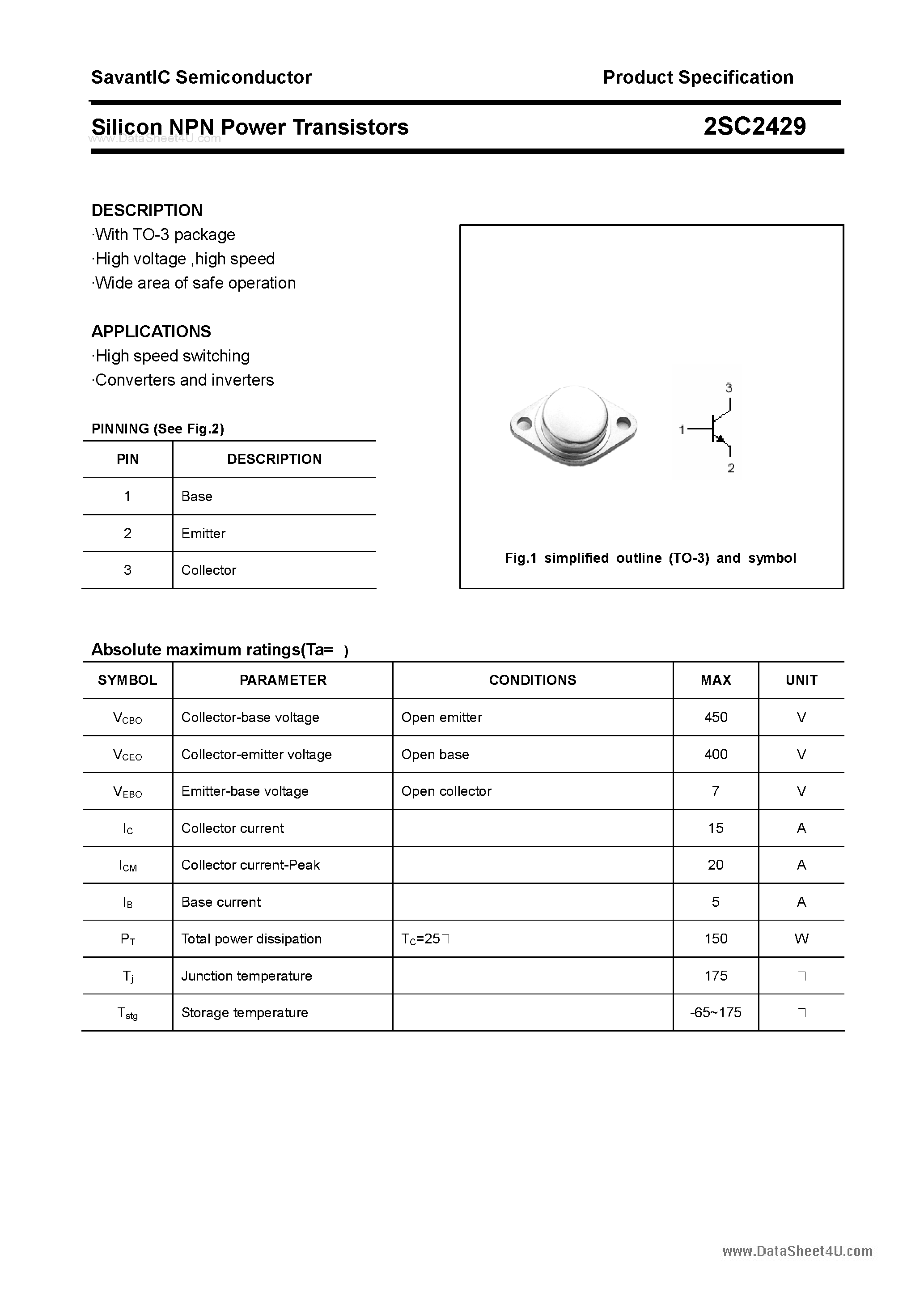 Datasheet 2SC2429 - SILICON POWER TRANSISTOR page 1