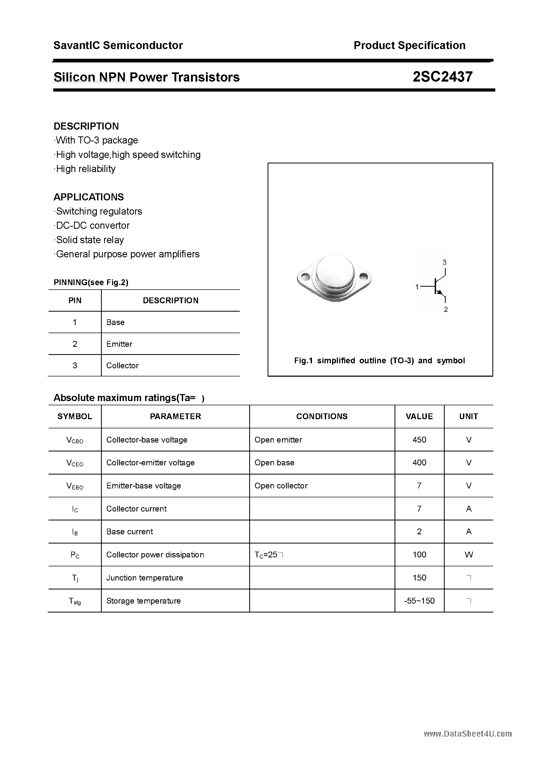Datasheet 2SC2437 page 1 Datasheet 2SC2437 - SILICON POWER TRANSISTOR page 1