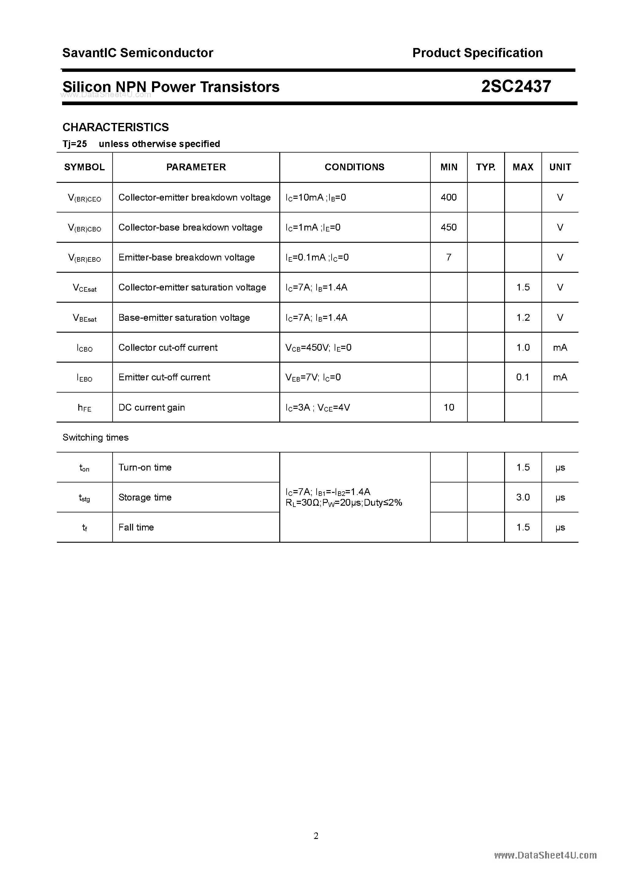 Datasheet 2SC2437 page 2 Datasheet 2SC2437 - SILICON POWER TRANSISTOR page 2